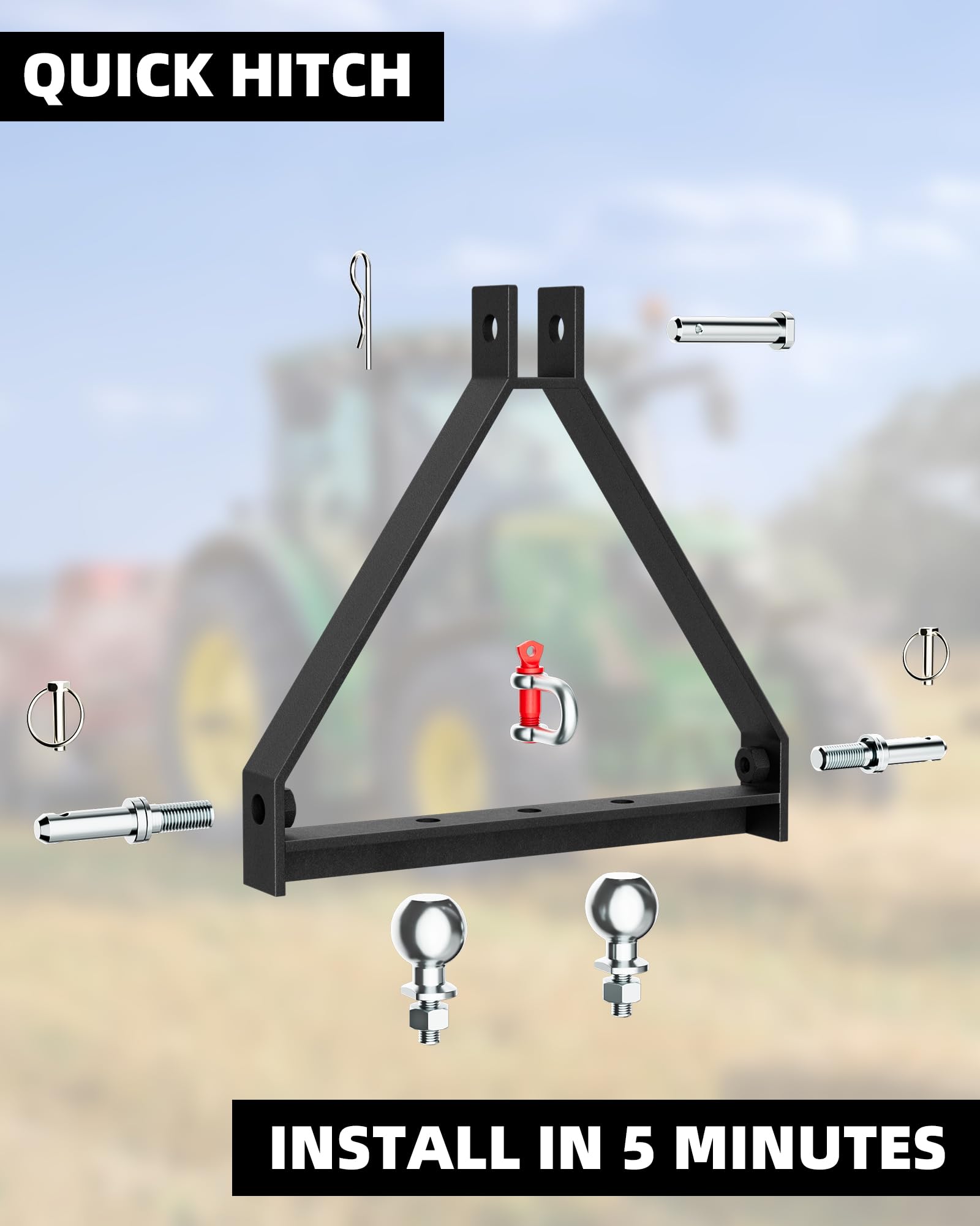 GARVEE 3 Point Hitch Receiver with 2 Trailer Hitch Balls - Category 1 Tractor Attachment for Kubota, John Deere, Yanmar, Kioti, Cat | Heavy Duty Towing & Hauling for Farms, Landscaping & Construction