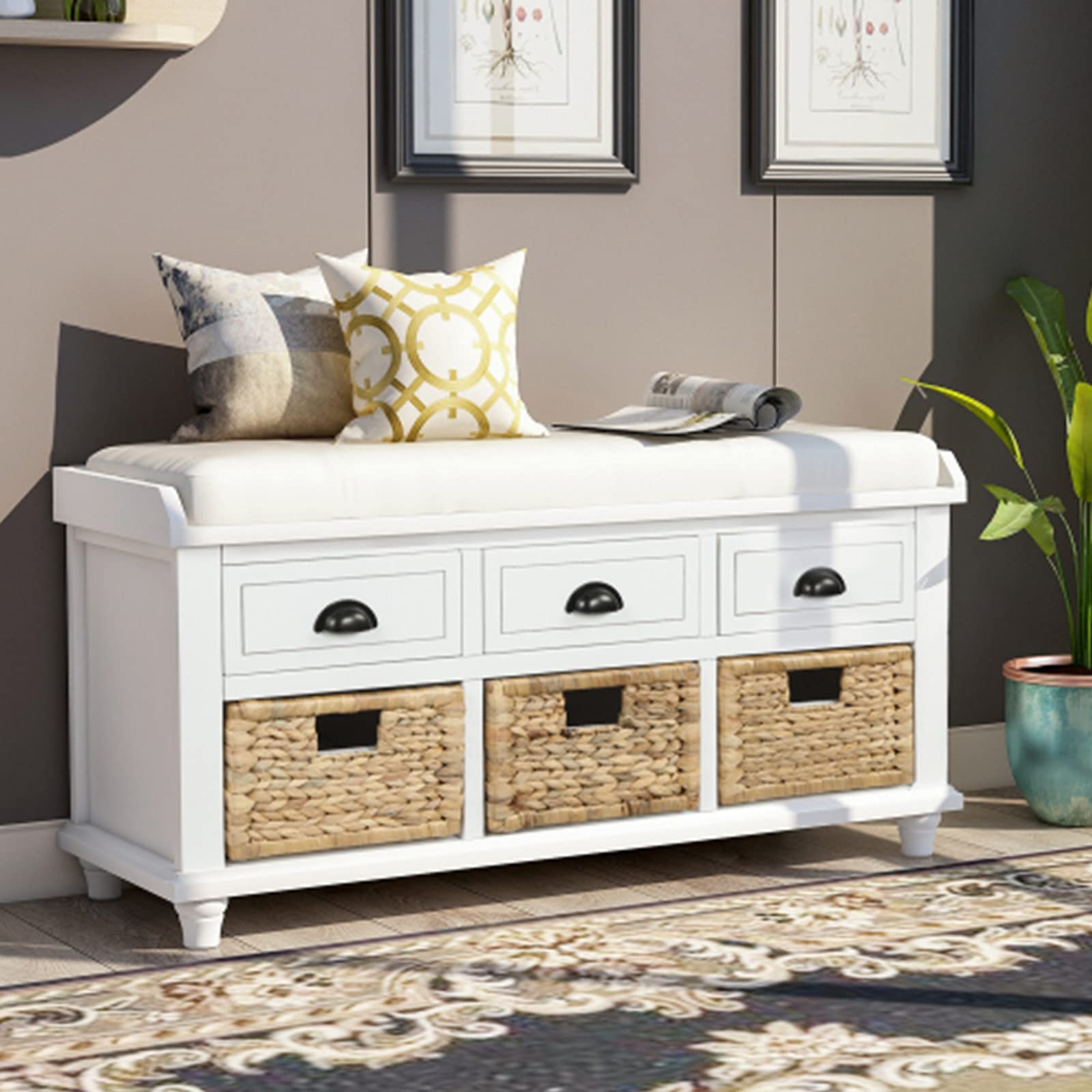 Rustic Storage Bench with 3 Drawers & Baskets, Entryway Shoe Bench with Cushioned Seat - Bright White for Hallway, Mudroom, Living Room | Perfect for Organizing Shoes, Hats & Home Decor
