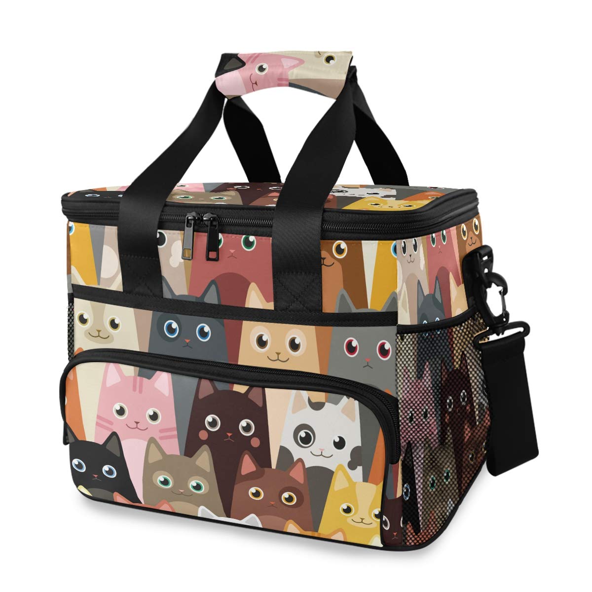 Funny Cats Cartoon Insulated Lunch Bag - Grey & Yellow Thermal Cooler with Shoulder Strap | Portable Food Container for Picnic, Office, School & Travel | Keep Meals Fresh All Day
