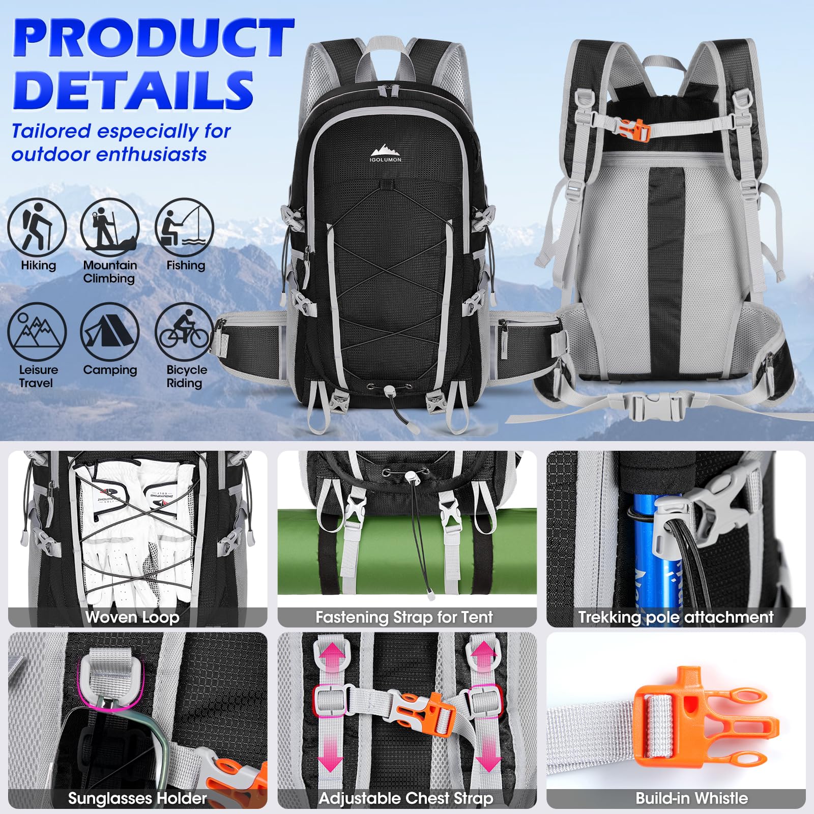 IGOLUMON 40L Waterproof Lightweight Hiking Backpack - Foldable Daypack for Men & Women - Perfect for Camping, Travel & Outdoor Adventures