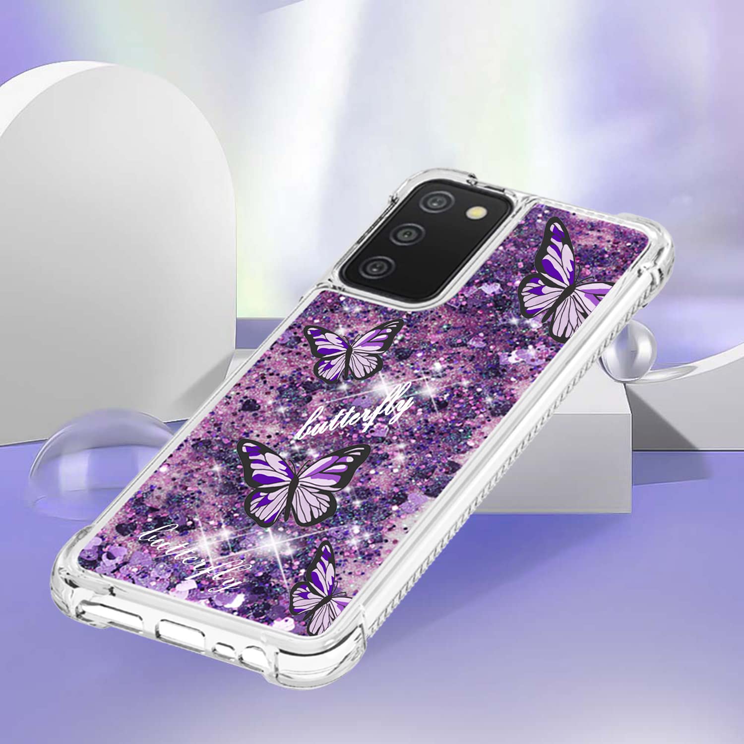 Samsung Galaxy A03S Case with Tempered Glass Screen Protector - Cute Glitter Bling Soft TPU Protective Phone Cover for Women & Girls (Purple Butterfly) - Perfect for Everyday Use, School, and Work