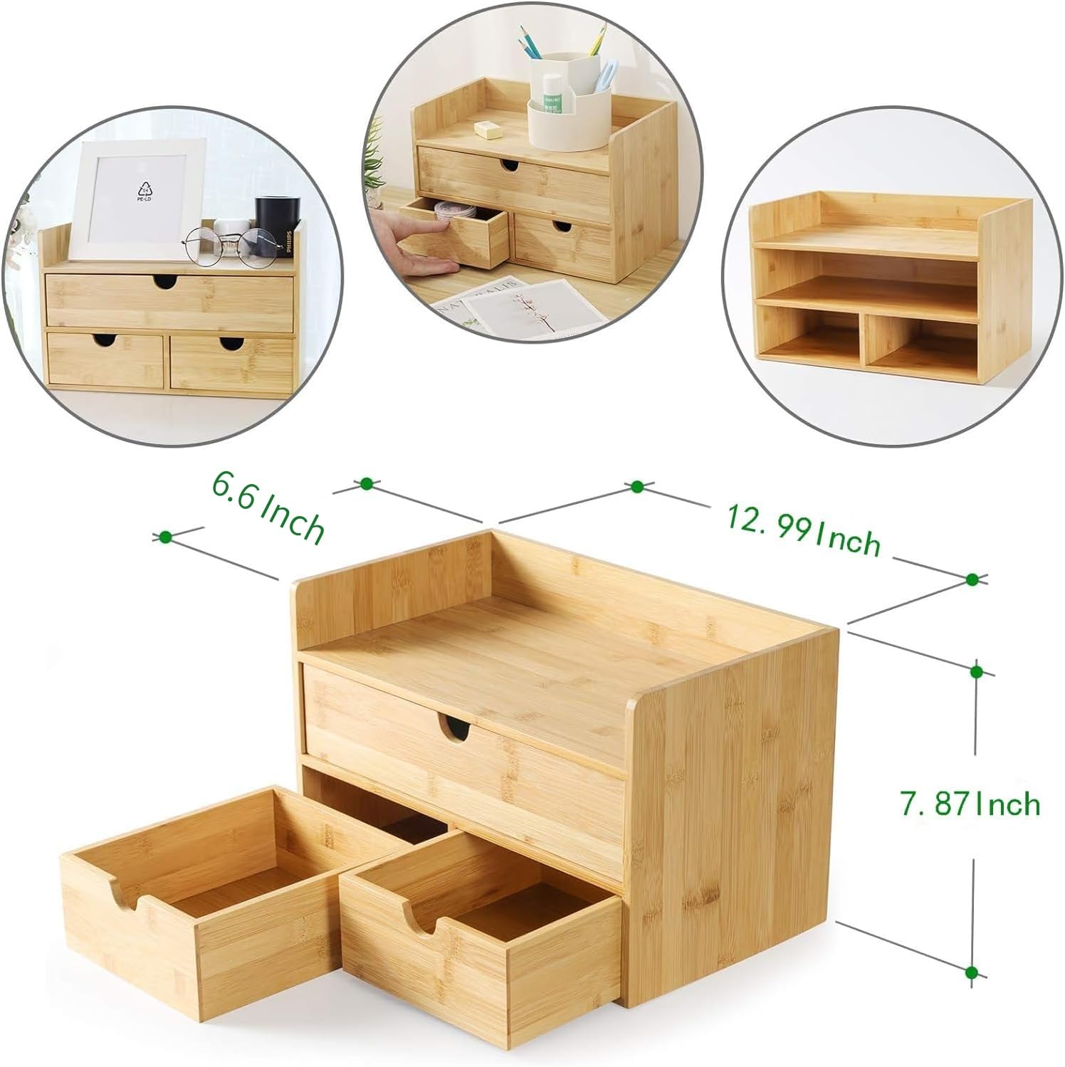 Bamboo Desk Organizer with Drawers - Wooden Desktop Storage for Office Supplies, Makeup, Bills & Kitchen Utensils | No Assembly Required | Perfect for Home Office, Vanity & Kitchen Organization