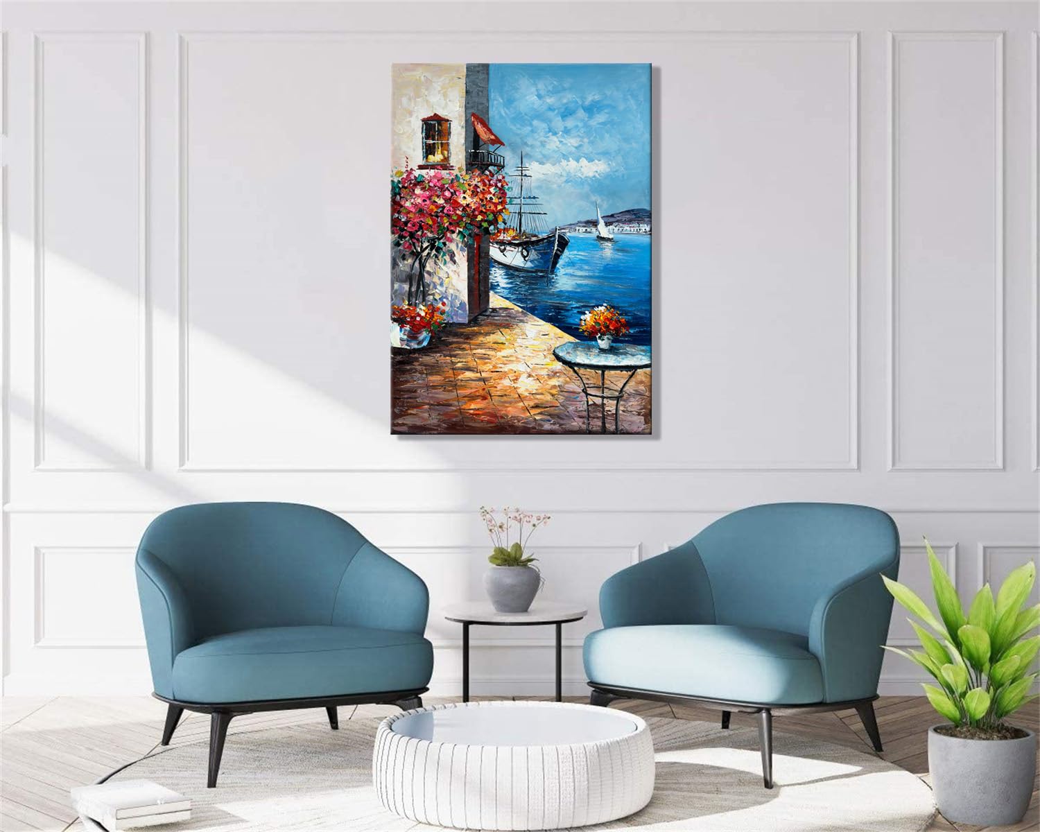 Alenoss Handmade Mediterranean Landscape Painting - 28x40 Inches Large 3D Wall Art for Living Room, Bedroom & Office Decor - Framed Abstract Canvas Art with Contemporary Texture - Perfect for Modern Home & Office Wall Decorations
