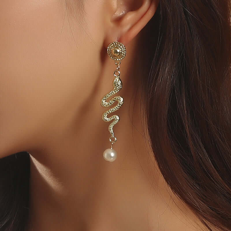 Elegant Gold Snake Pearl Drop Earrings for Women - Vintage Dangle Jewelry Gift E006 | Perfect for Parties, Weddings & Evening Events