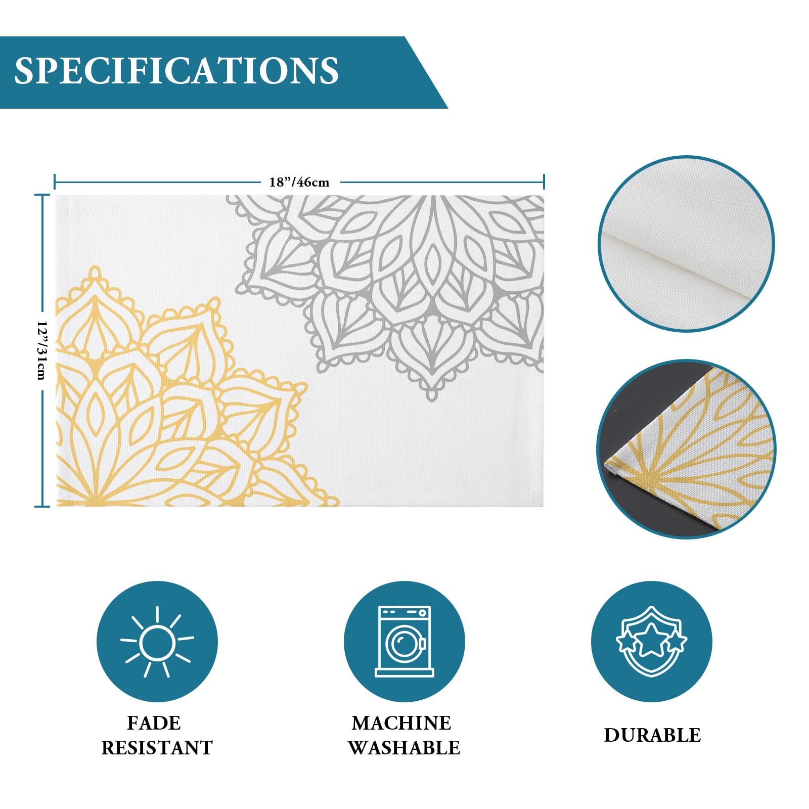 Elegant Yellow & Grey Dahlia Flower Placemats Set of 4 - Cotton Linen Heat-Resistant Non-Slip Washable Table Mats for Dining, Kitchen, Holiday Banquet Decor | Perfect for Thanksgiving, Christmas Dinner & Everyday Use