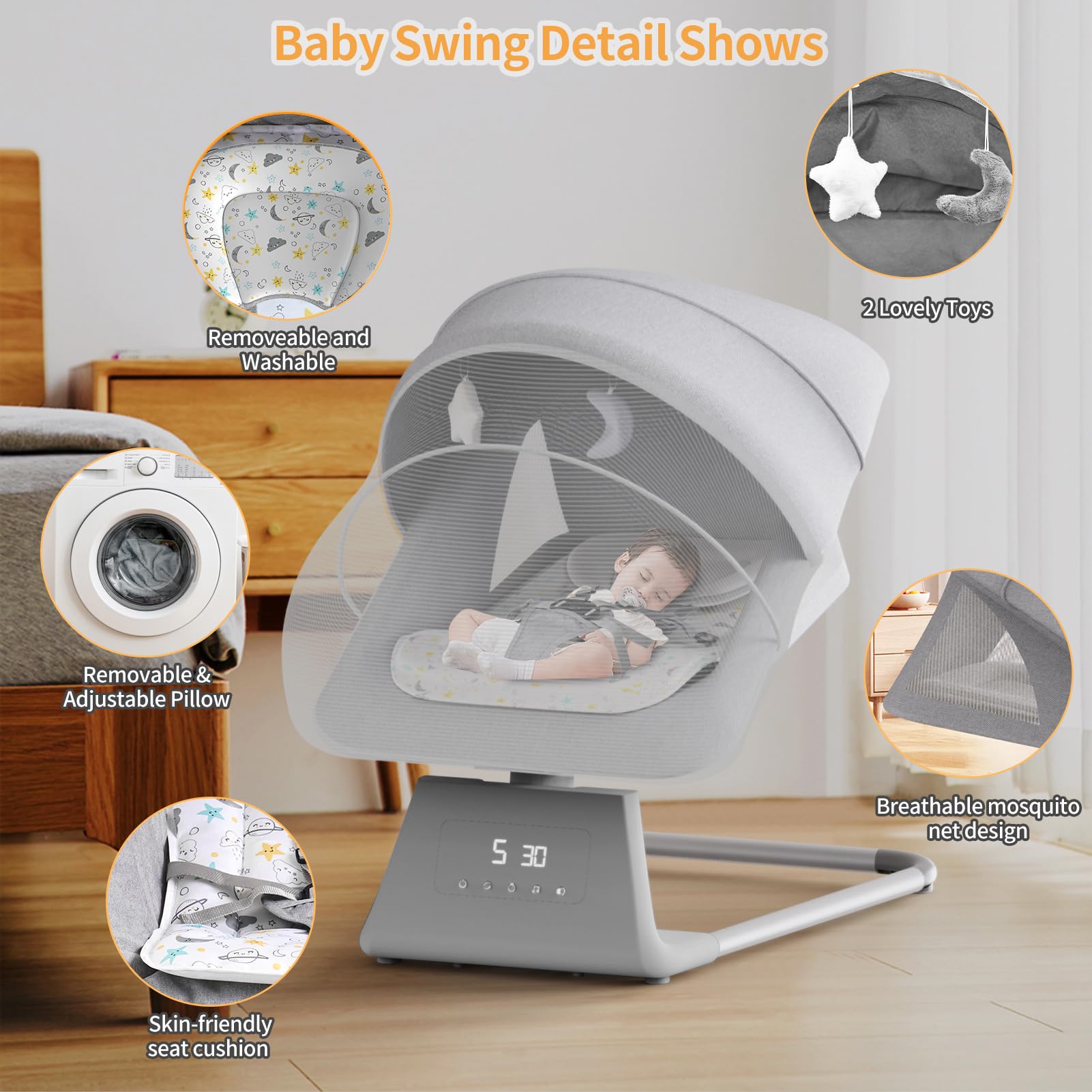 Baby Swing for Infants & Toddlers - Portable Indoor Rocker with Remote, 5 Speed Settings, Bluetooth & 11 Lullabies - Newborn Bouncer for Boys & Girls (Perfect for Nursery, Daycare & Travel)