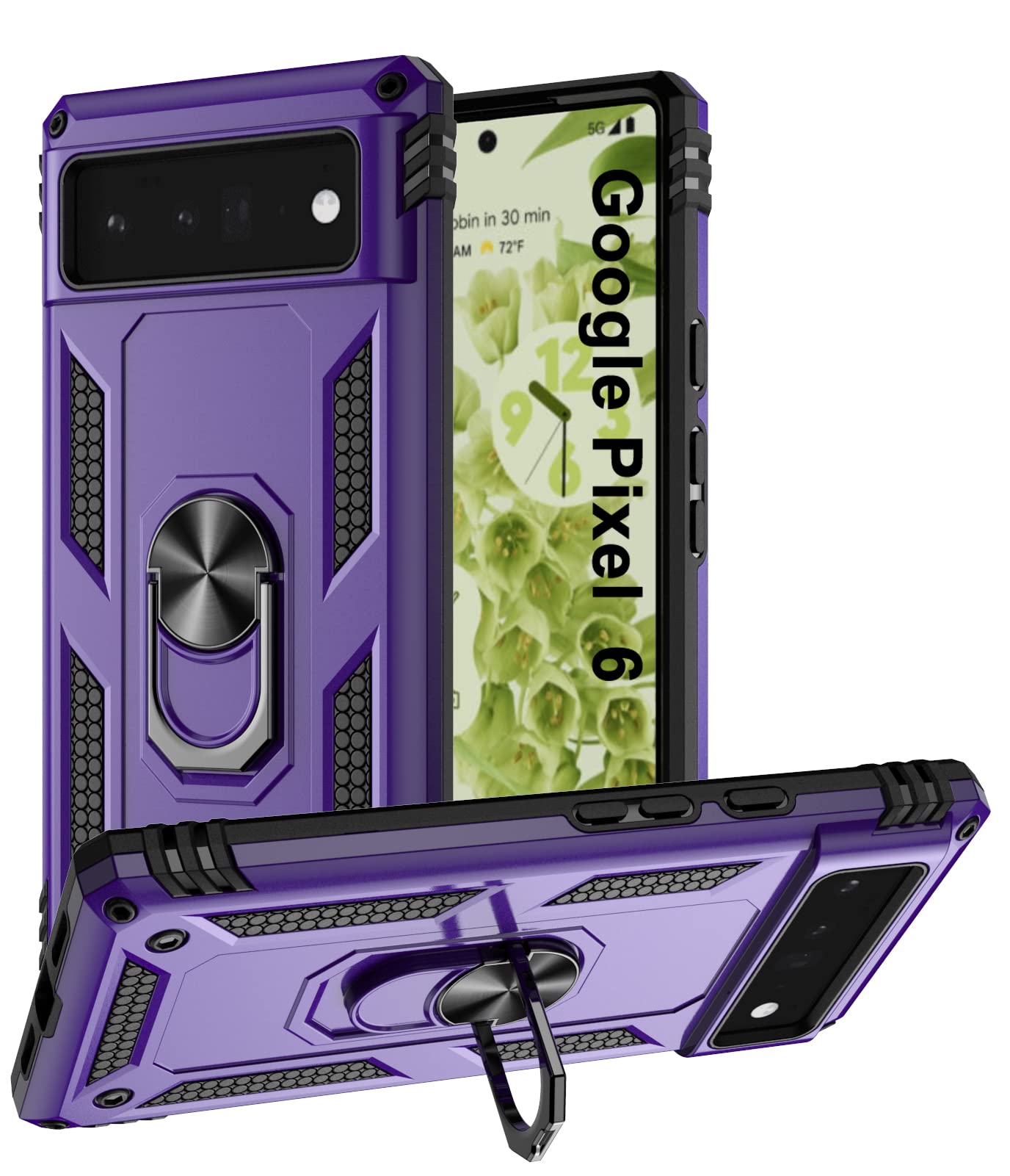 Aliruke Google Pixel 6 Case with Finger Ring Holder & Kickstand - Military Grade Protective Cover for Google Pixel 6 (Purple) | Perfect for Hands-Free Viewing, Gaming & Daily Protection