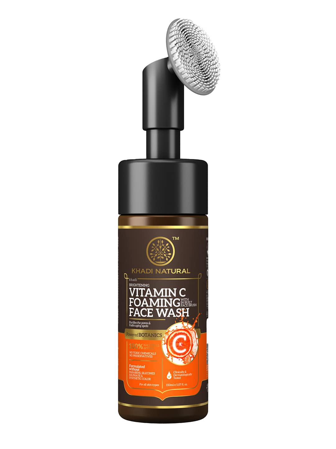 Khadi Natural Vitamin C Foaming Face Wash with Built-in Brush for Glowing Skin | Paraben, Sulfate & Silicone Free Cleanser | Suitable for All Skin Types | 150ml | Powered Botanics | Perfect for Morning & Night Skincare Routine