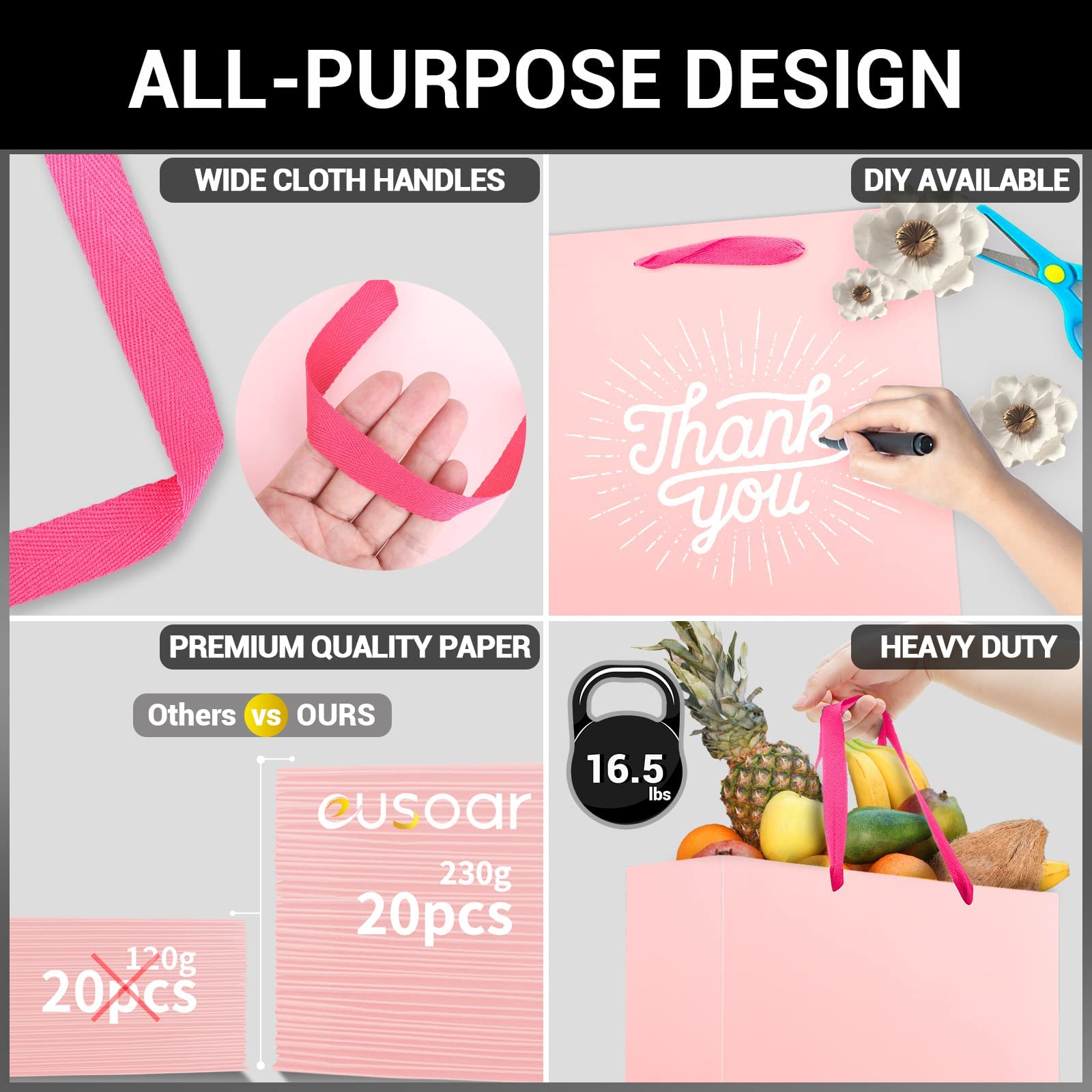 EUSOAR Kraft Paper Gift Bags 30pcs - 3 Sizes Eco-Friendly Pink Recycled Paper Bags with Handles for Birthday Presents, Party Favors, Business Gifts & Craft Packaging