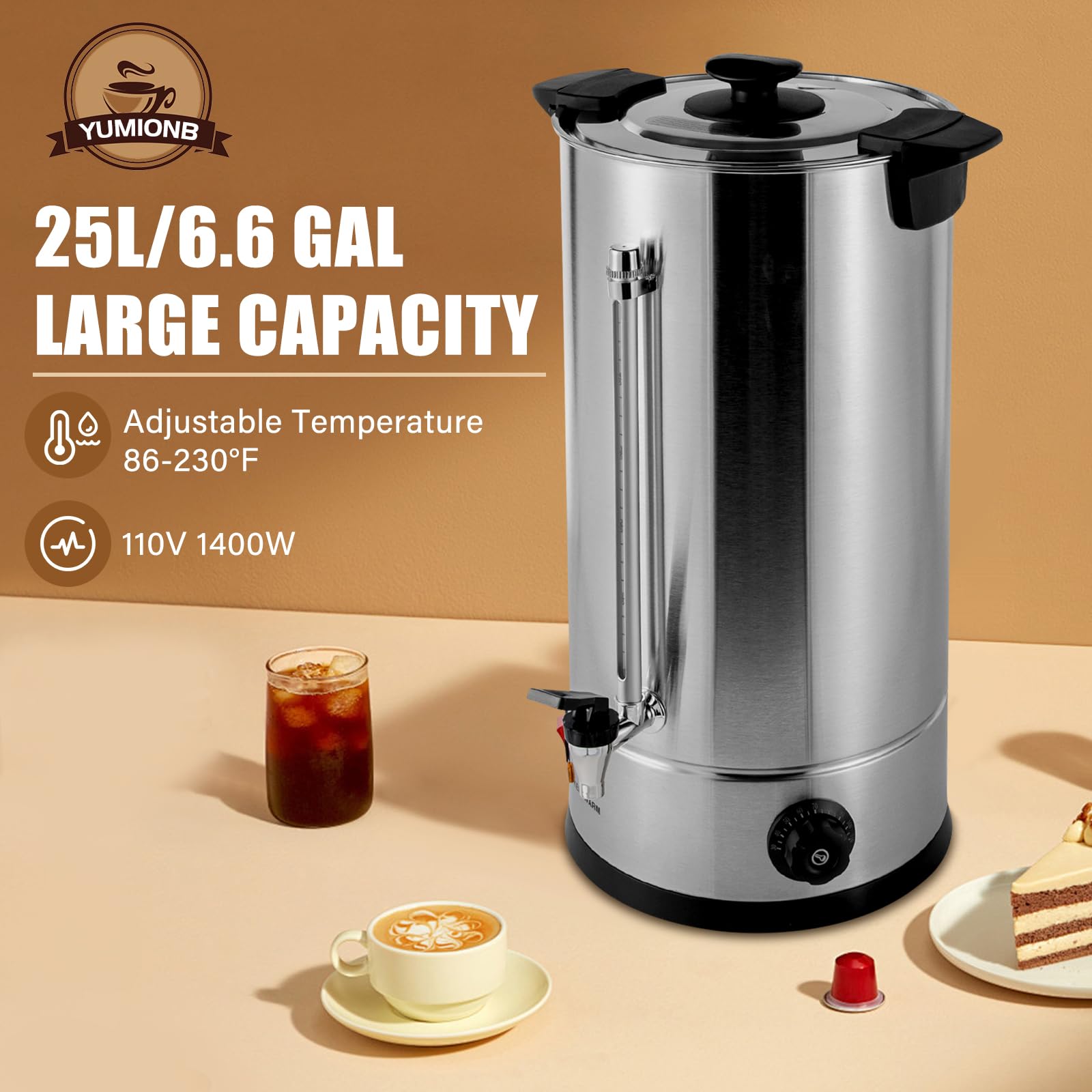 Commercial Coffee Urn 110V 1400W Stainless Steel Electric Coffee Maker - Adjustable Temperature 86-230°F for Hot Coffee, Tea & Cocoa - Perfect for Home, Office, Cafes & Catering Events