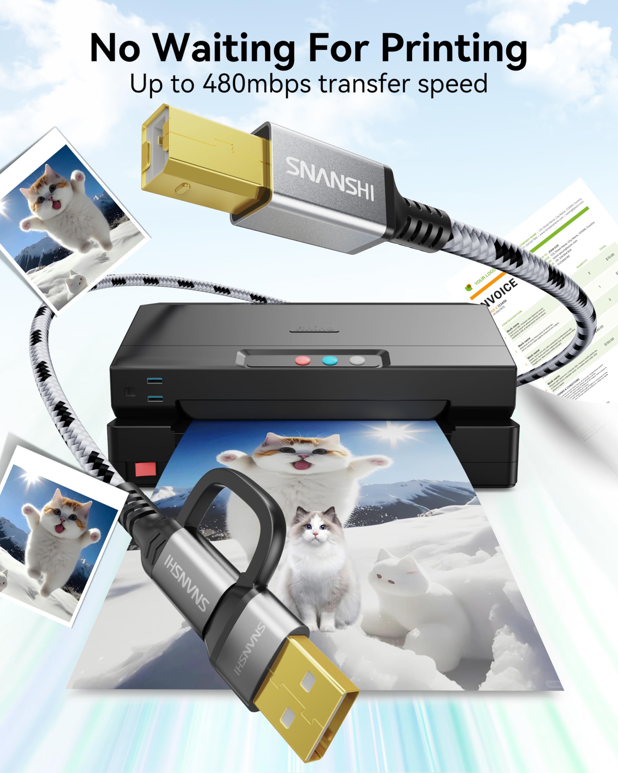 2-in-1 Printer Cable 10 Feet - High-Speed USB A/C to B Printer Cable with Nylon Braiding for HP, Canon, Brother, Samsung, Dell, Epson Printers | Durable MIDI Cord for Home Office & Studio Use
