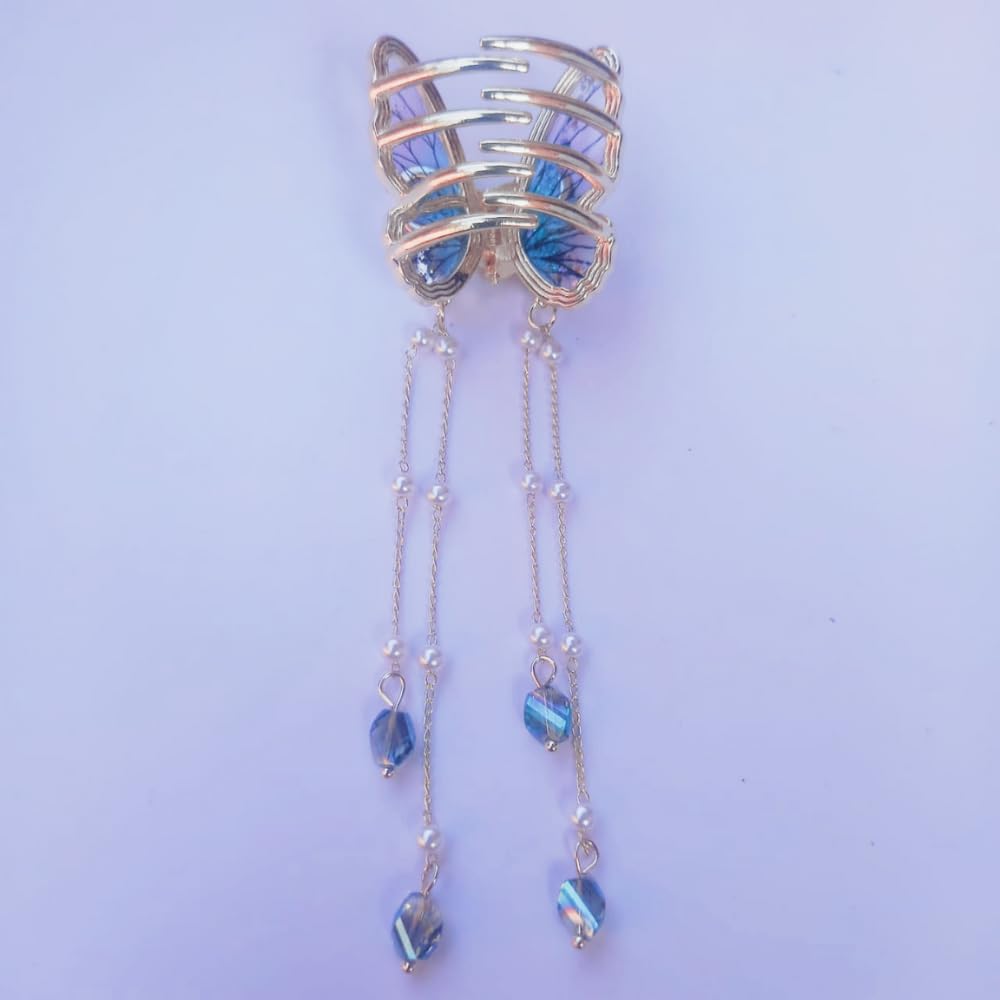 RSJ TRADERS - Blue Butterfly 3D Rhinestone Hair Claw Clip for Women & Girls | Wedding Hair Accessories with Crystal Tassel | Strong Hold for Thick Hair | Perfect for Parties, Prom & Special Occasions