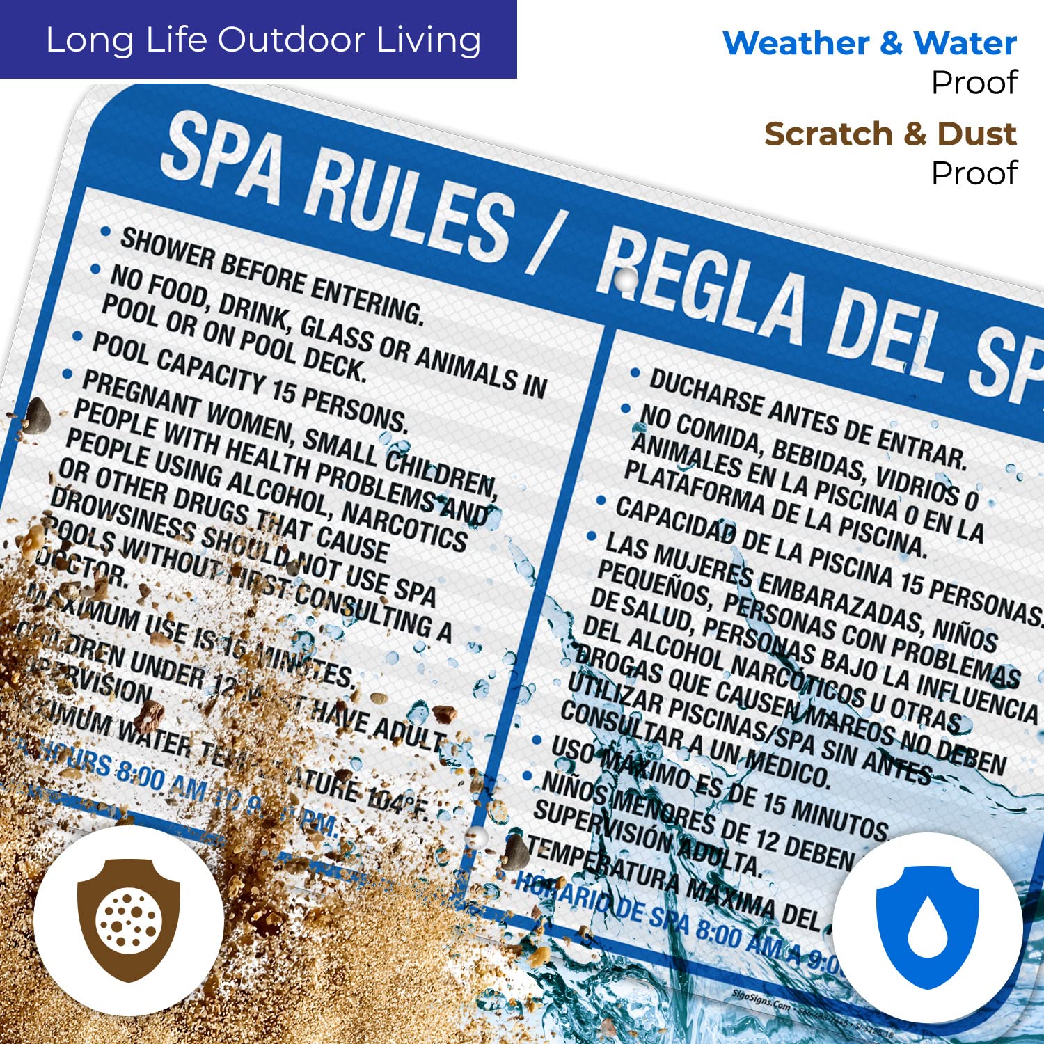 Bilingual English Spanish Spa Rules Sign - 12x18 Inches Reflective Aluminum Sign for Indoor & Outdoor Use | Fade Resistant, Easy Mounting | Perfect for Spas, Gyms, Pools & Public Areas | Made in USA