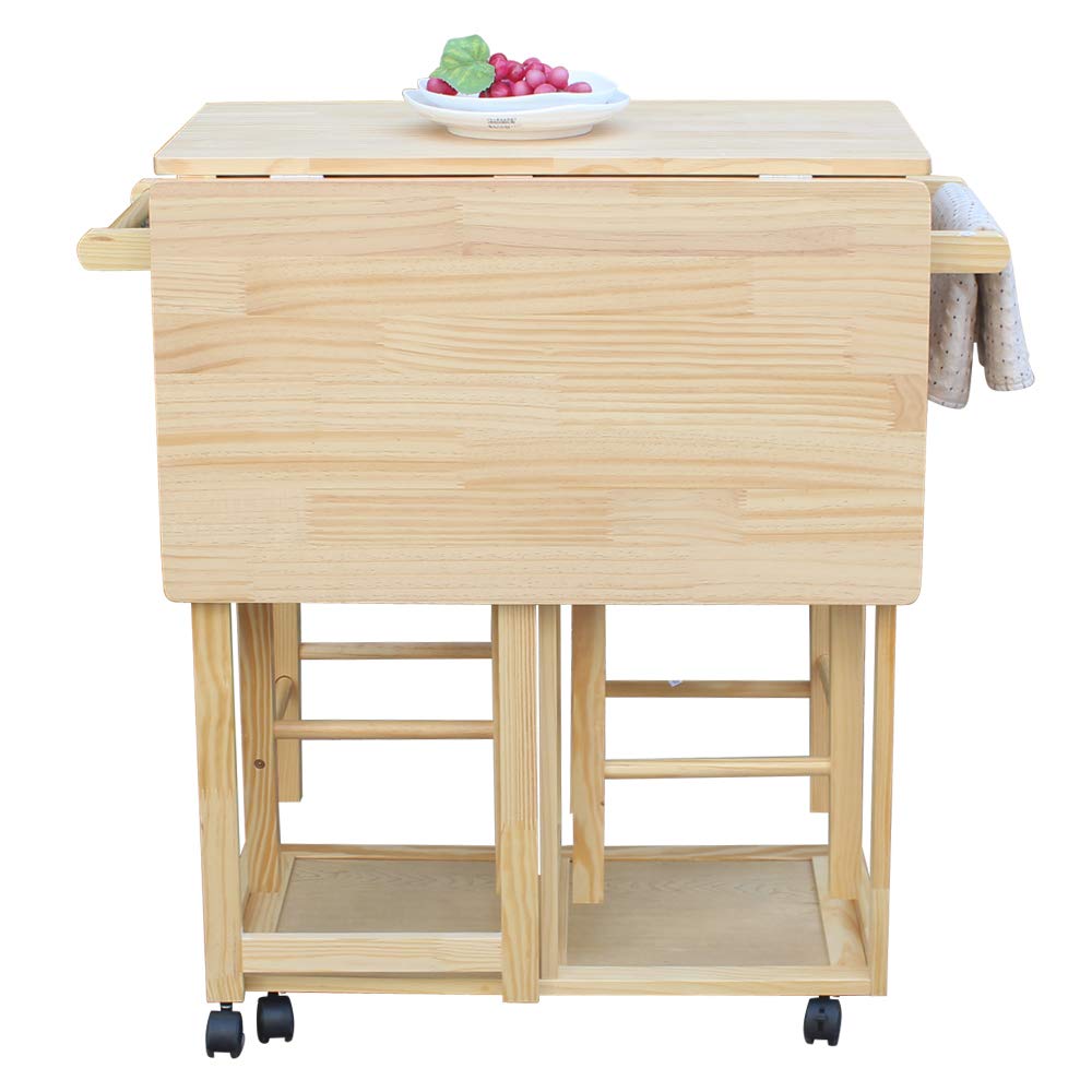 **Solid Wood Kitchen Island Cart with Wheels - Foldable Dining Table & 2 Square Stools, 2 Storage Drawers - Natural Wood Finish for Small Spaces, Breakfast Nook, or Apartment Kitchen**