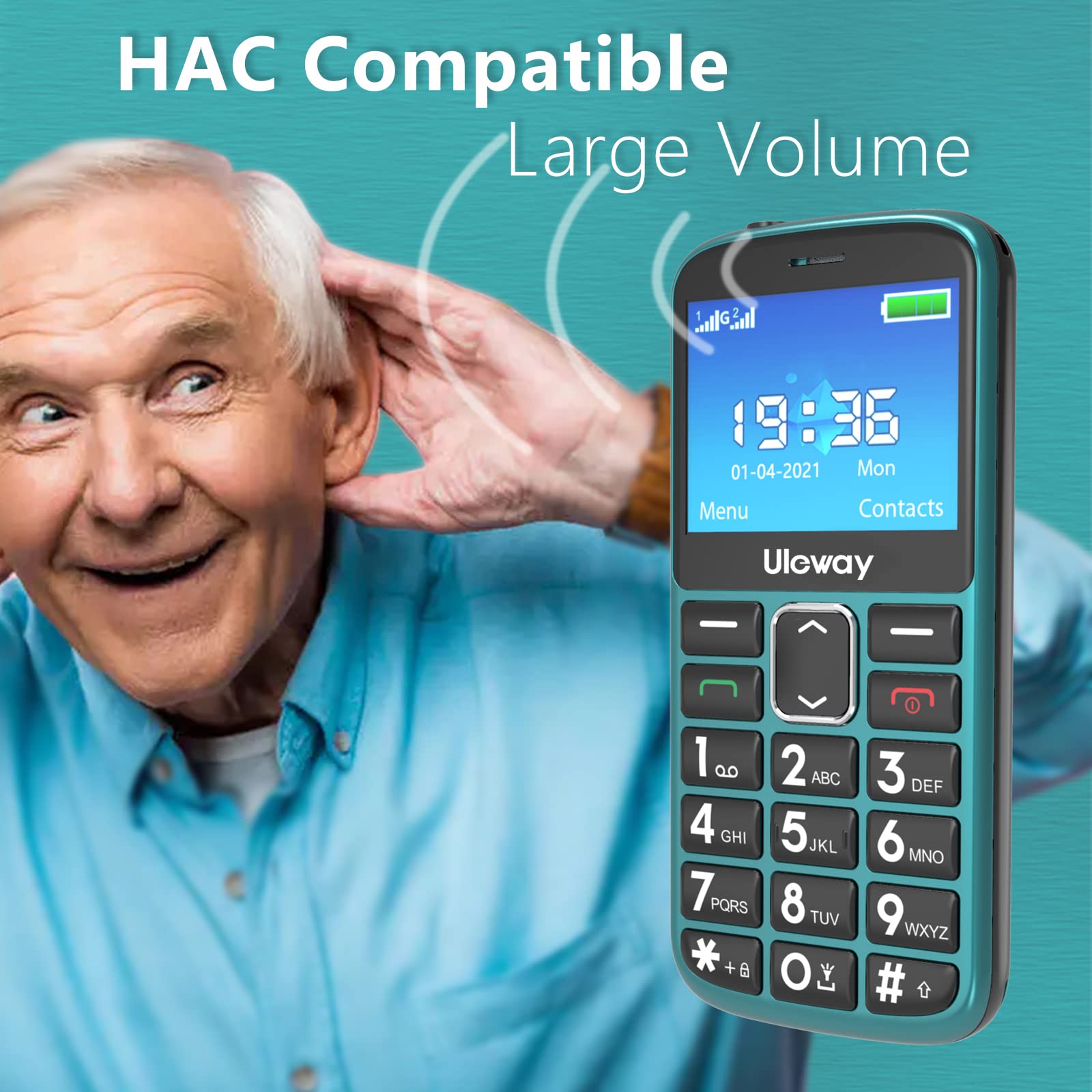 Uleway Big Button Easy-to-Use Unlocked Senior Cell Phone - Dual SIM Basic Mobile Phone for Elderly with SOS Emergency Button, Charging Dock & Hearing Aid Compatible (HAC) - Perfect for Emergency Calls, Daily Communication & Independent Living