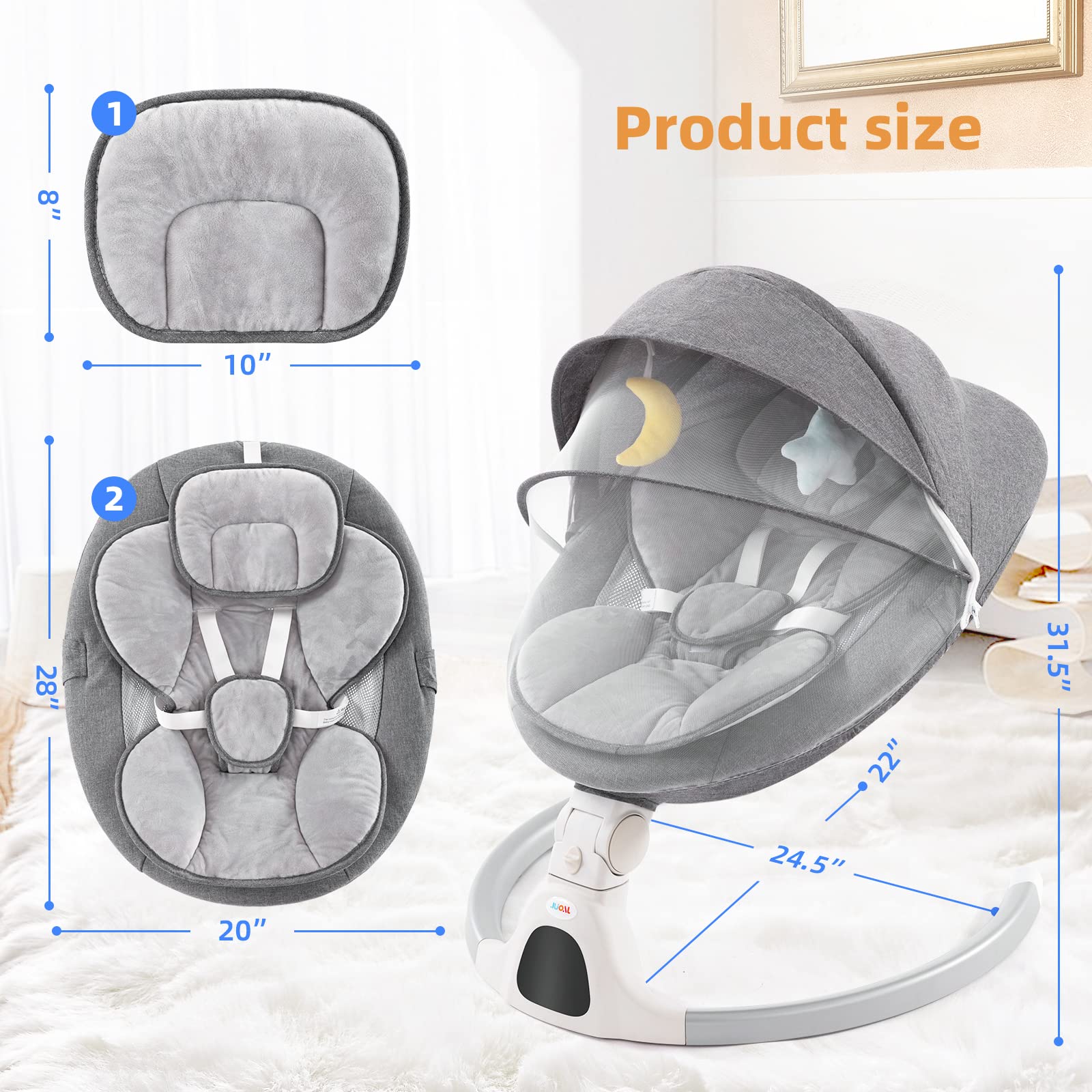 Jaoul Baby Swing for Infants - Electric Portable Newborn Bouncer with Bluetooth, Touch Screen & Remote Control, 5 Speed Settings, 3 Reclining Positions - Perfect for Nursery, Daycare or Travel (Gray)