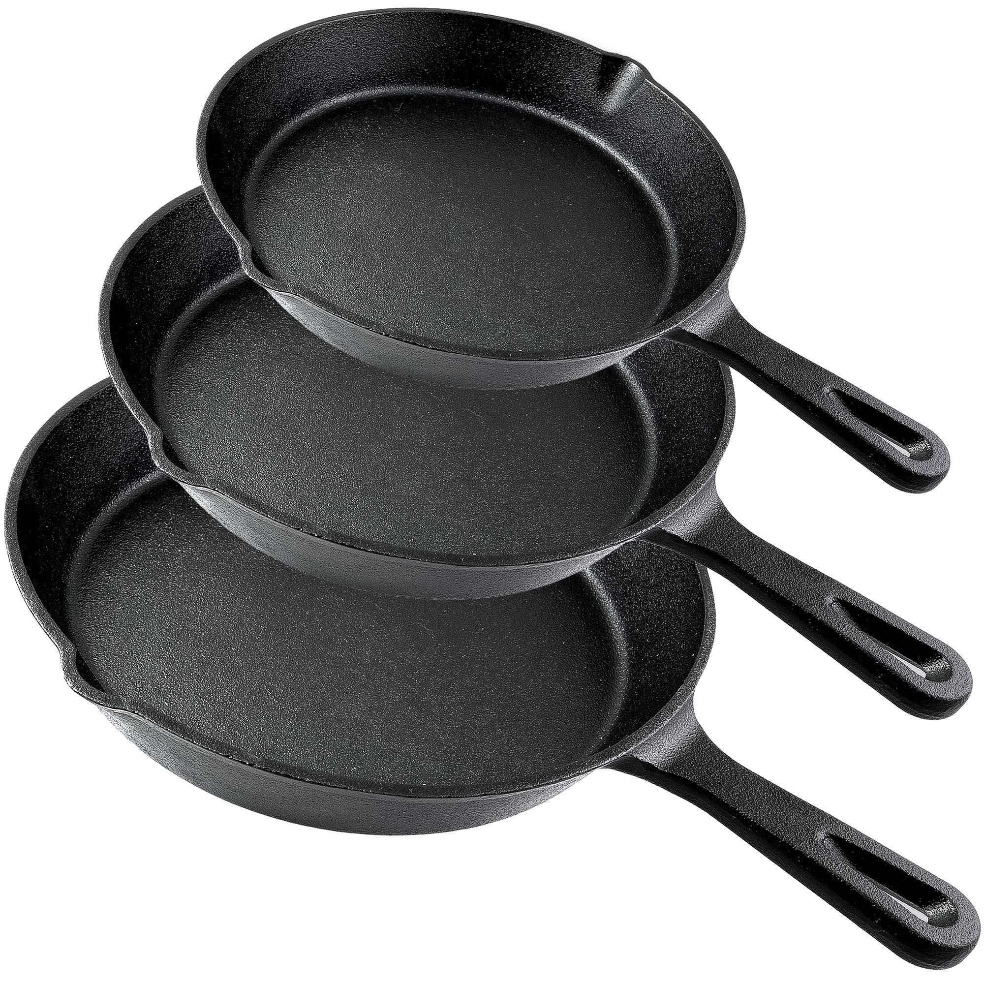 Premium 3-Piece Pre-Seasoned Cast Iron Skillet Set - Heavy Duty Professional Restaurant Quality Cookware (6