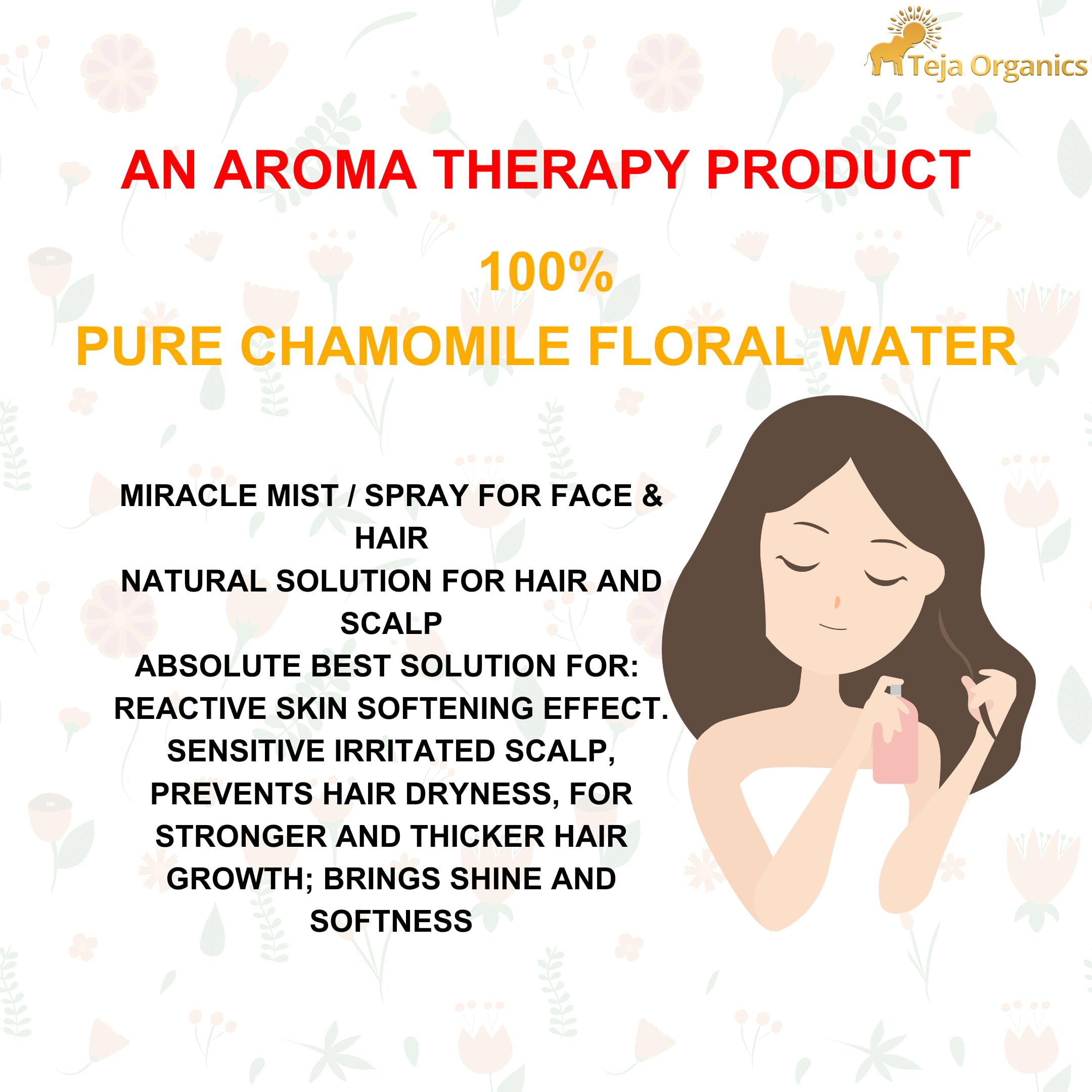 Teja Organics Chamomile Hydrosol - 100% Pure Floral Water for Aromatherapy | Natural Solution for Hair & Skin Care | Face & Hair Mist Spray | Perfect for Relaxation, Skincare Routine & Spa Treatments