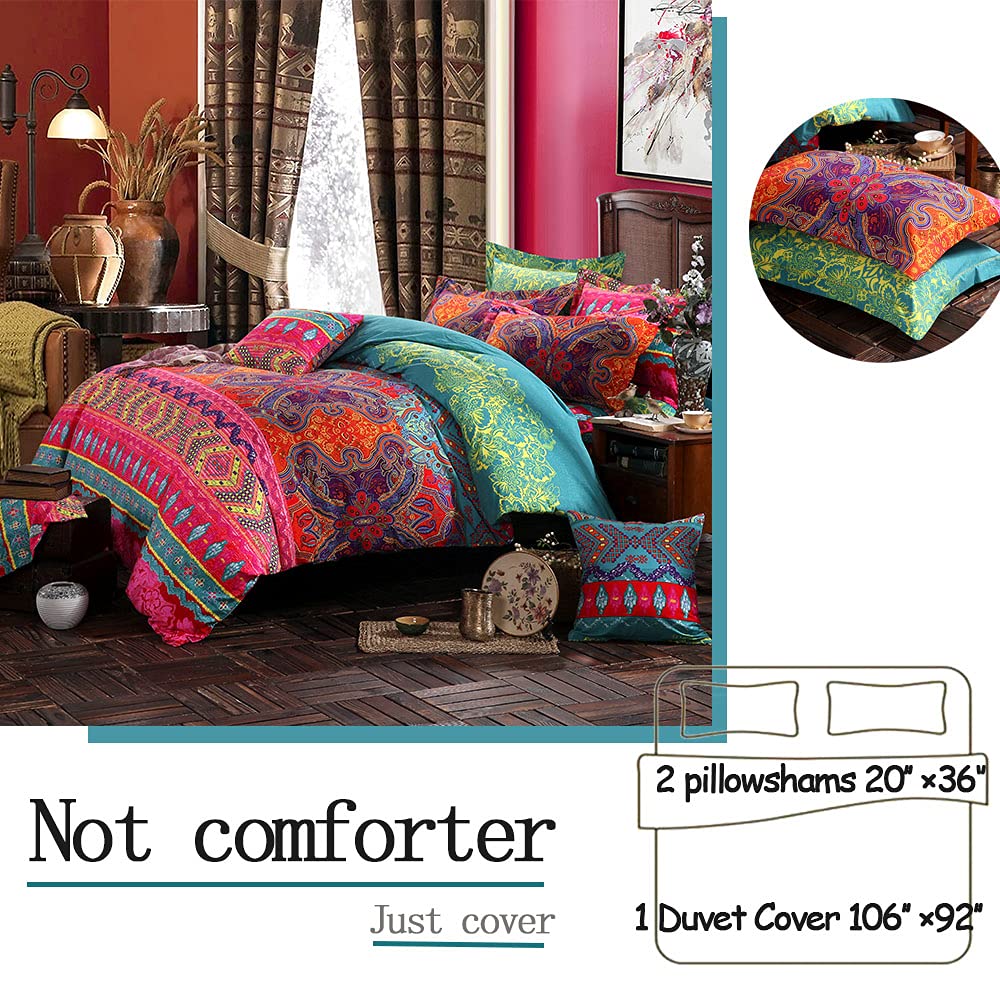 Exotic Boho Duvet Cover Set King/California King Size - 100% Brushed Cotton Soft Bohemian Bedding with Red Teal Mandala Print & Reversible Striped Design - Includes Zipper Comforter Cover + 2 Pillowshams - Perfect for Bohemian Bedroom Decor, Guest Room Makeover & Cozy Home Styling