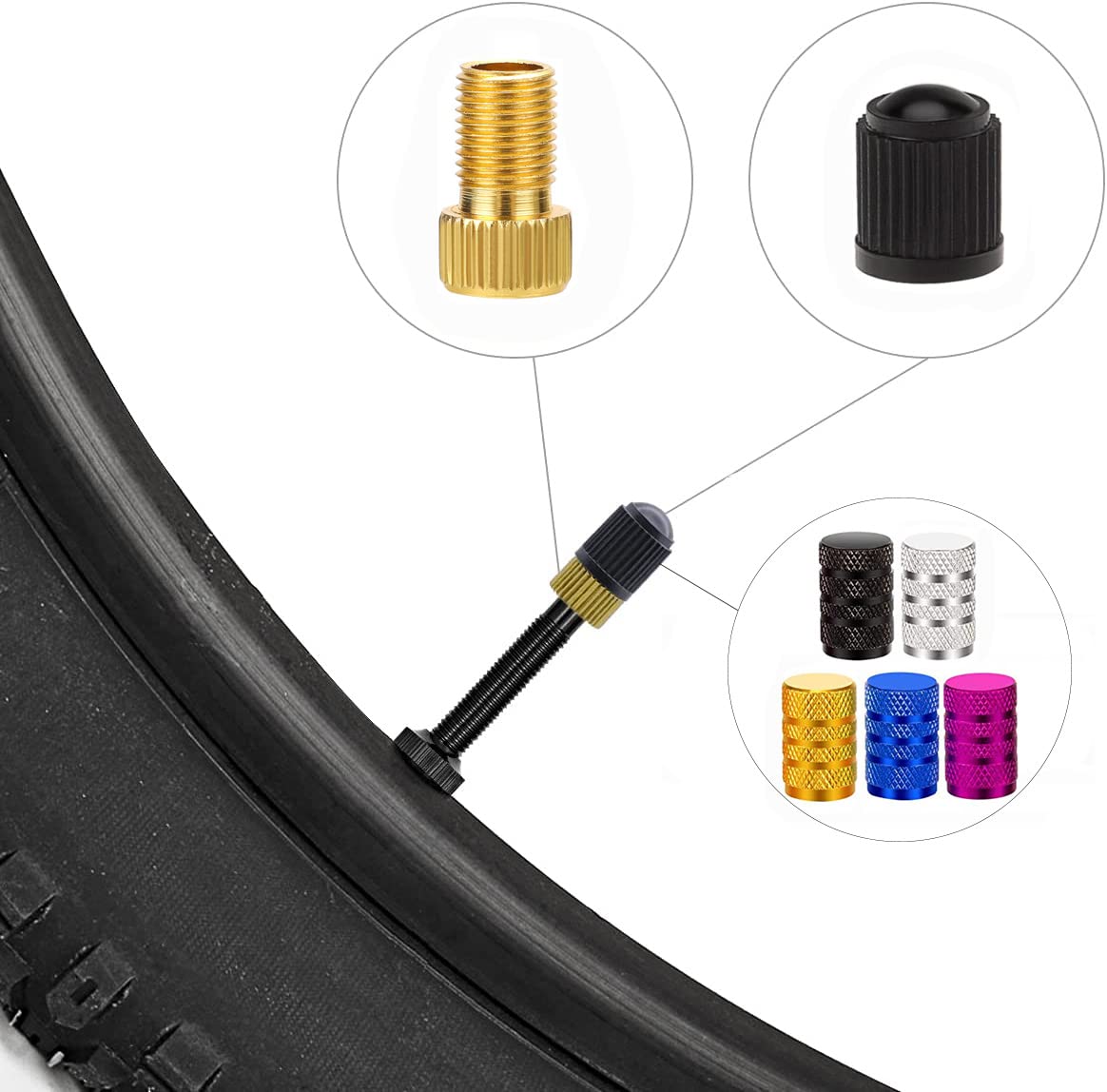 Presta to Schrader Valve Adapter (5 Pack) - Bicycle Pump Converter with 15 Valve Caps - French/UK to US Bike Valve Adapter for Mountain Bikes, Road Bikes & Cars - Perfect for Inflating Tires at Home or On the Go (Blue)