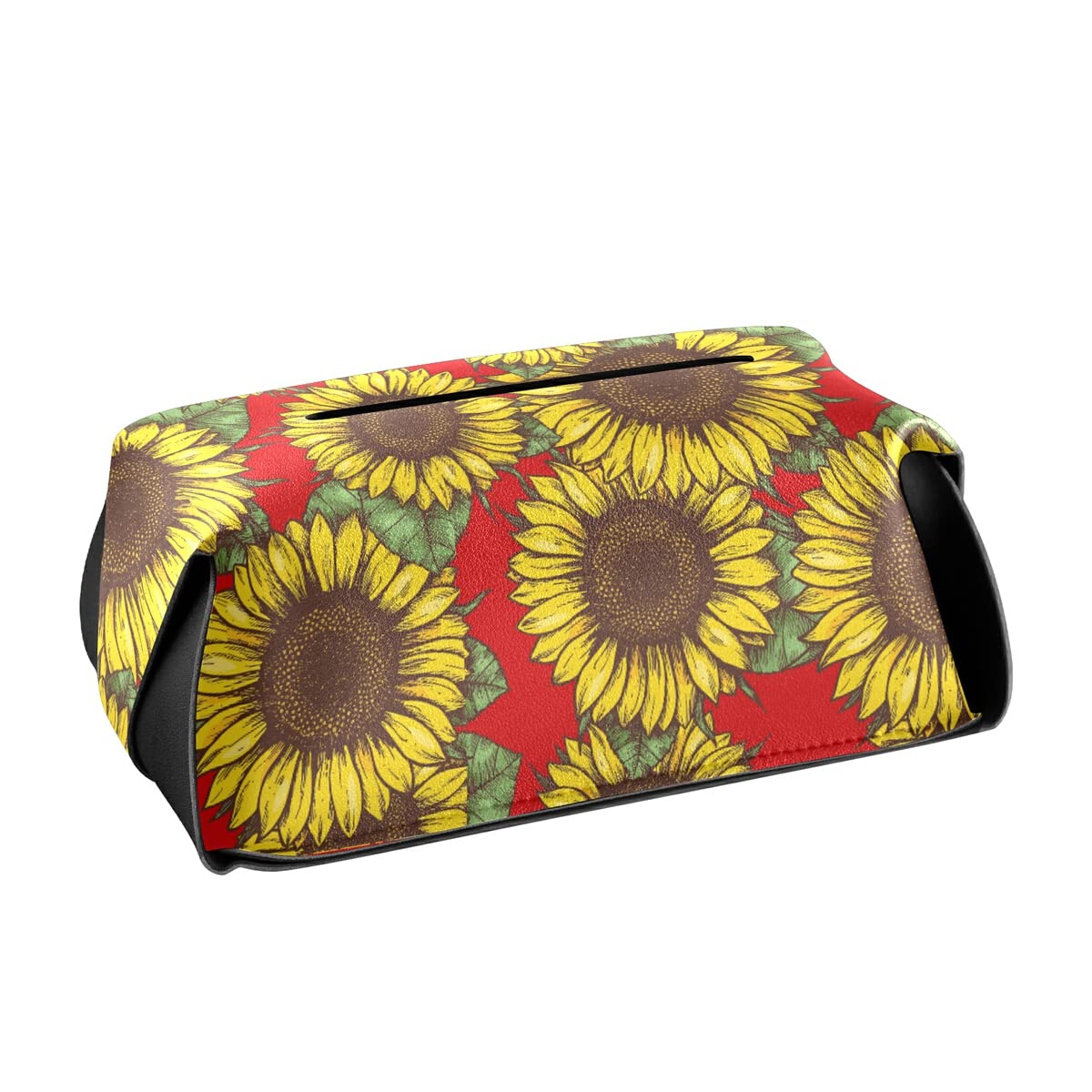 Sunflower Red PU Leather Tissue Box Holder - Rectangle Facial Tissue Dispenser with Hanging Loop for Countertops & Nightstands | Perfect for Living Rooms, Bathrooms & Office Desks