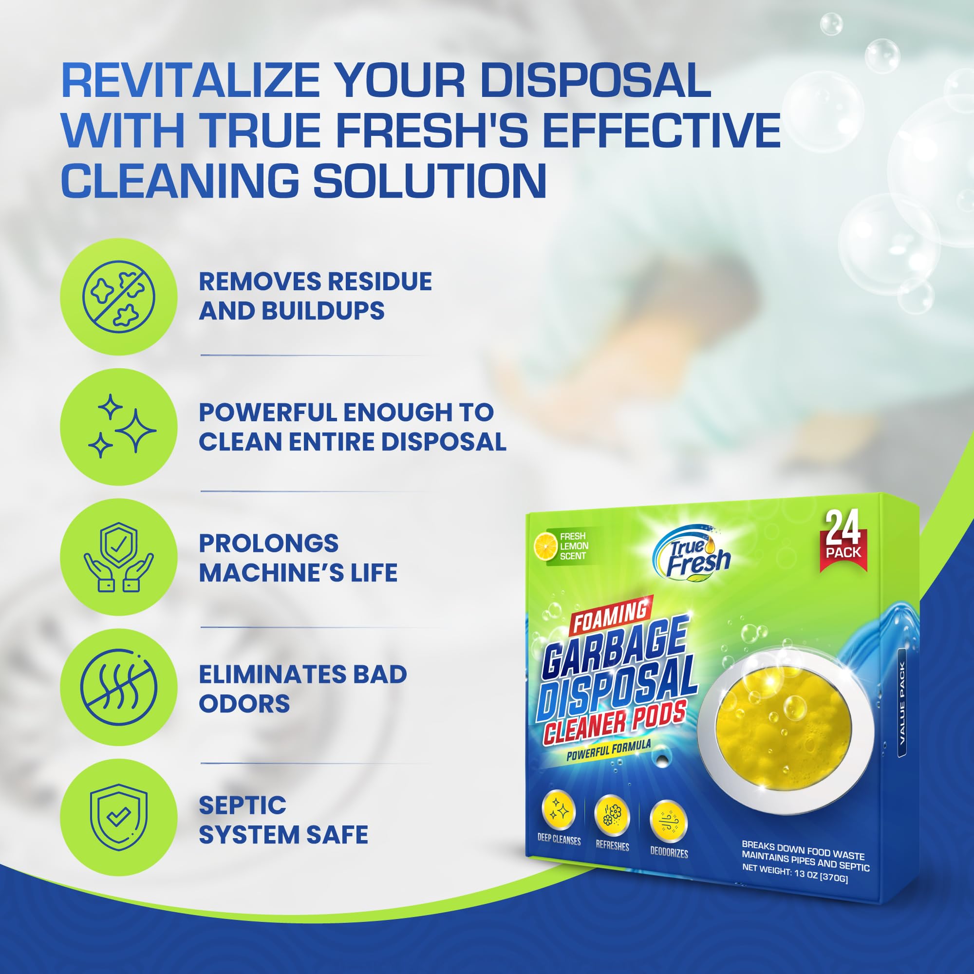 True Fresh Garbage Disposal Cleaner & Deodorizer Packets - 24 Pack | Foaming Kitchen Sink Cleaner with Fresh Citrus Scent | Drain & Garburator Disposer Maintenance | 1 Year Supply | Eliminates Odors & Keeps Pipes Clean for Daily Kitchen Use