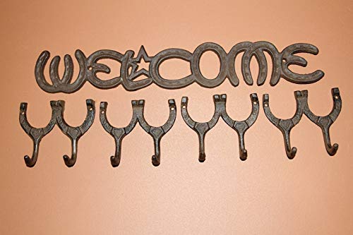 Rustic Cast Iron Horseshoe Welcome & Coat Hooks - Equestrian Wall Decor Set of 5 - Perfect for Farmhouse Entryway, Western Home Decor, and Ranch Style Mudroom Organization