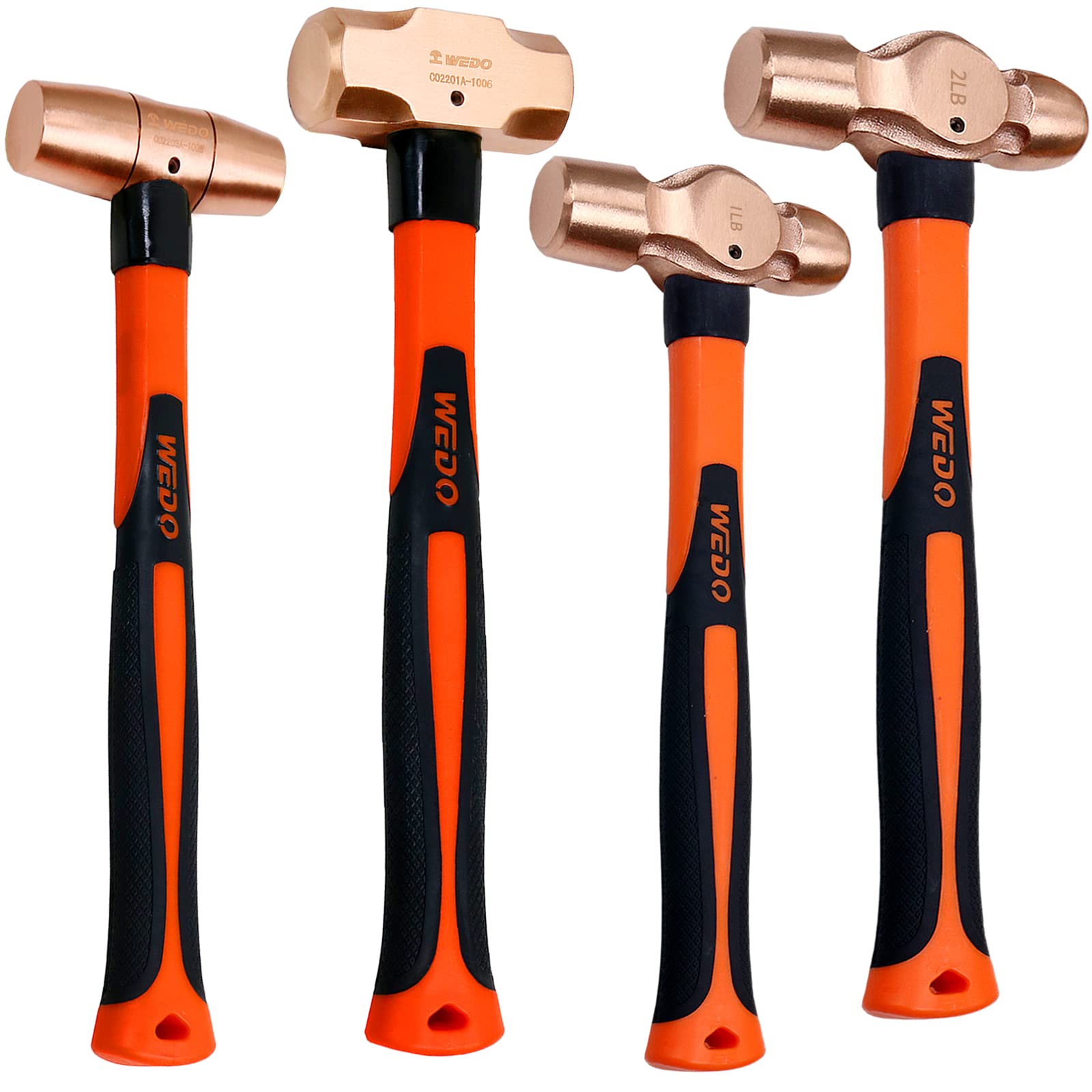 WEDO 4-Piece Copper Hammer Set with Fiberglass Handle - 1lb & 2lb Ball Pein Hammers, 3lb Sledge Hammer, 2lb Drum Hammer for Metalworking, Woodworking, and DIY Home Improvement Projects