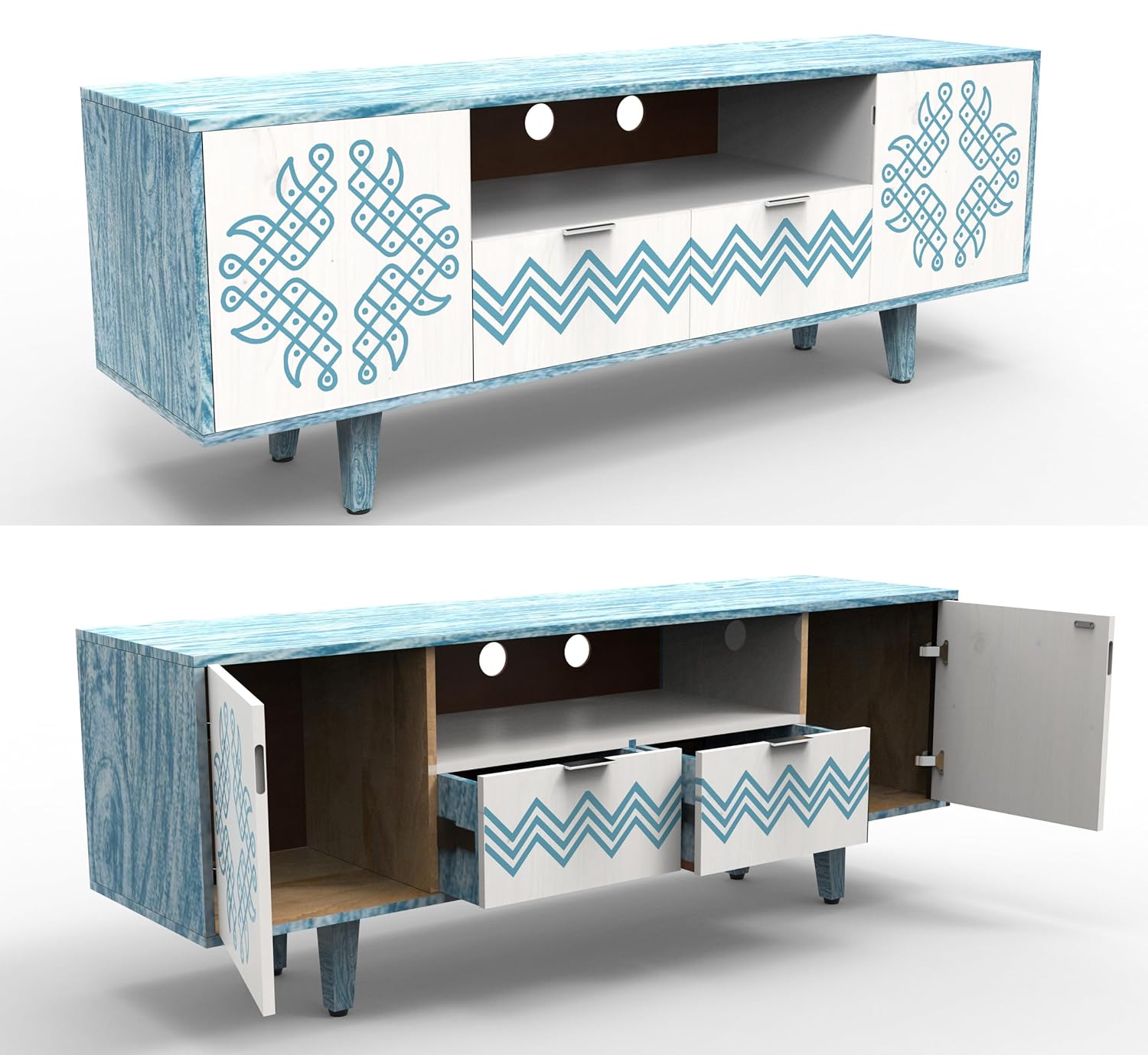 Corsica Verve Mango Wood TV Stand Console Table with Storage - Textured White and Blue Finish - Modern Living Room Furniture for TV Entertainment Center & Media Storage