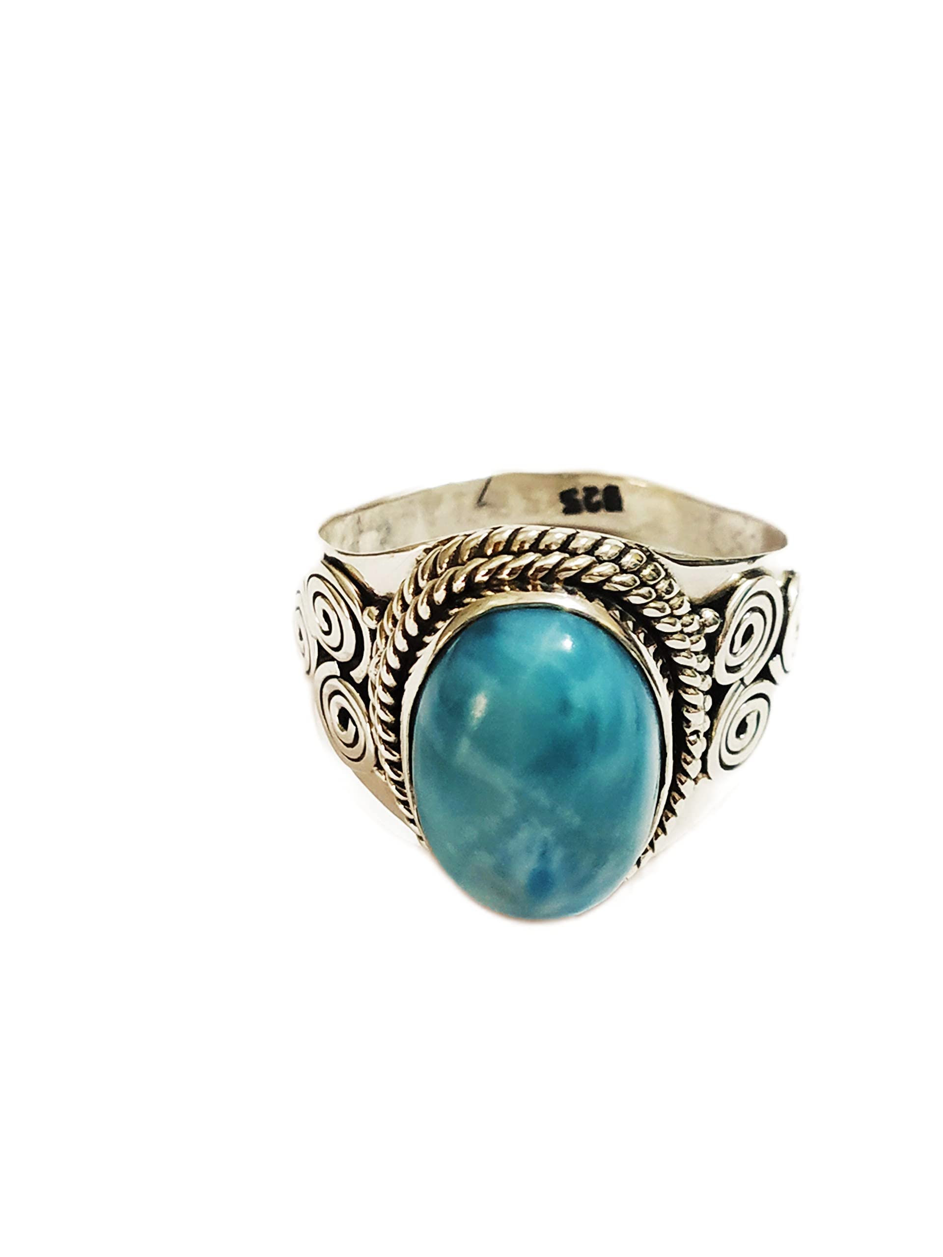 Larimar Ring - 92.5% Sterling Silver Dominican Sky Stone Jewelry | Boho Healing Blue Stone Vintage Style Ring | Perfect for Engagement Gifts, BFF Presents & Spiritual Healing | Handcrafted Artisan Jewelry for Women