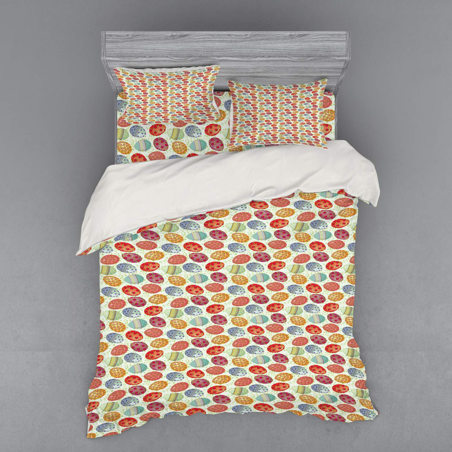 Ambesonne Easter Duvet Cover Set - Vintage Floral Egg Design on Green Leafy Branches, 4-Piece Queen Size Bedding Set with Shams & Fitted Sheet | Perfect for Spring Decor, Holiday Guest Rooms & Cozy Farmhouse Bedrooms