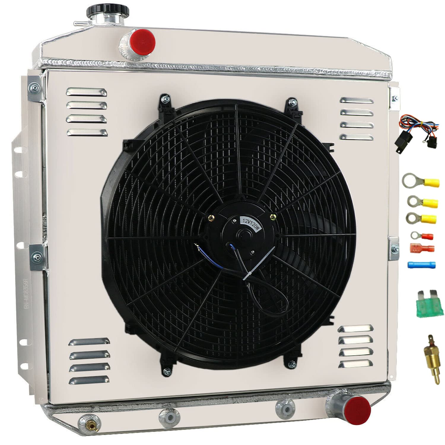 Aluminum Radiator Shroud Fan Relay Kit for 1953-1956 Ford F100 F250 F350 & Chevy V8 L6 Pickup Trucks - 4 Row Core Cooling System Upgrade - Perfect for Classic Truck Restoration & Hot Weather Performance