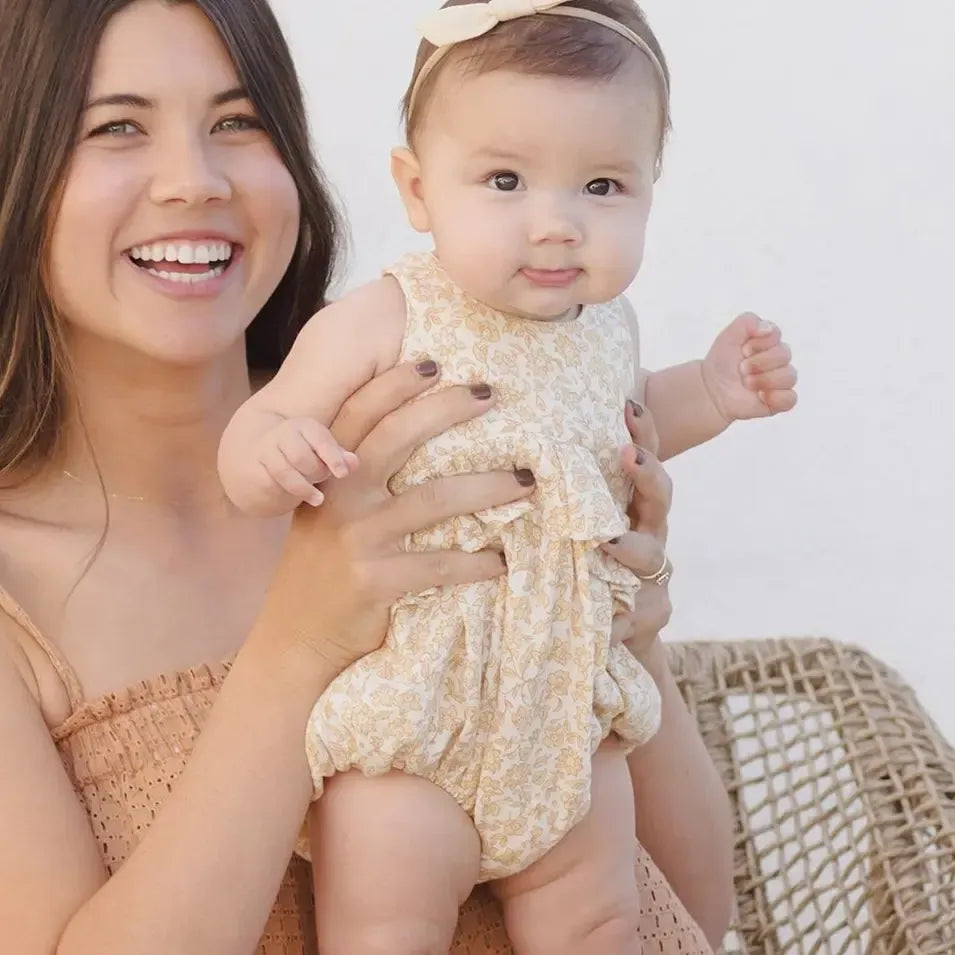 Quincy Mae Organic Ruffled Bubble Romper - Yellow Dahlia | Soft Baby Outfit for Playdates & Photo Shoots | Eco-Friendly Cotton Infant Clothes
