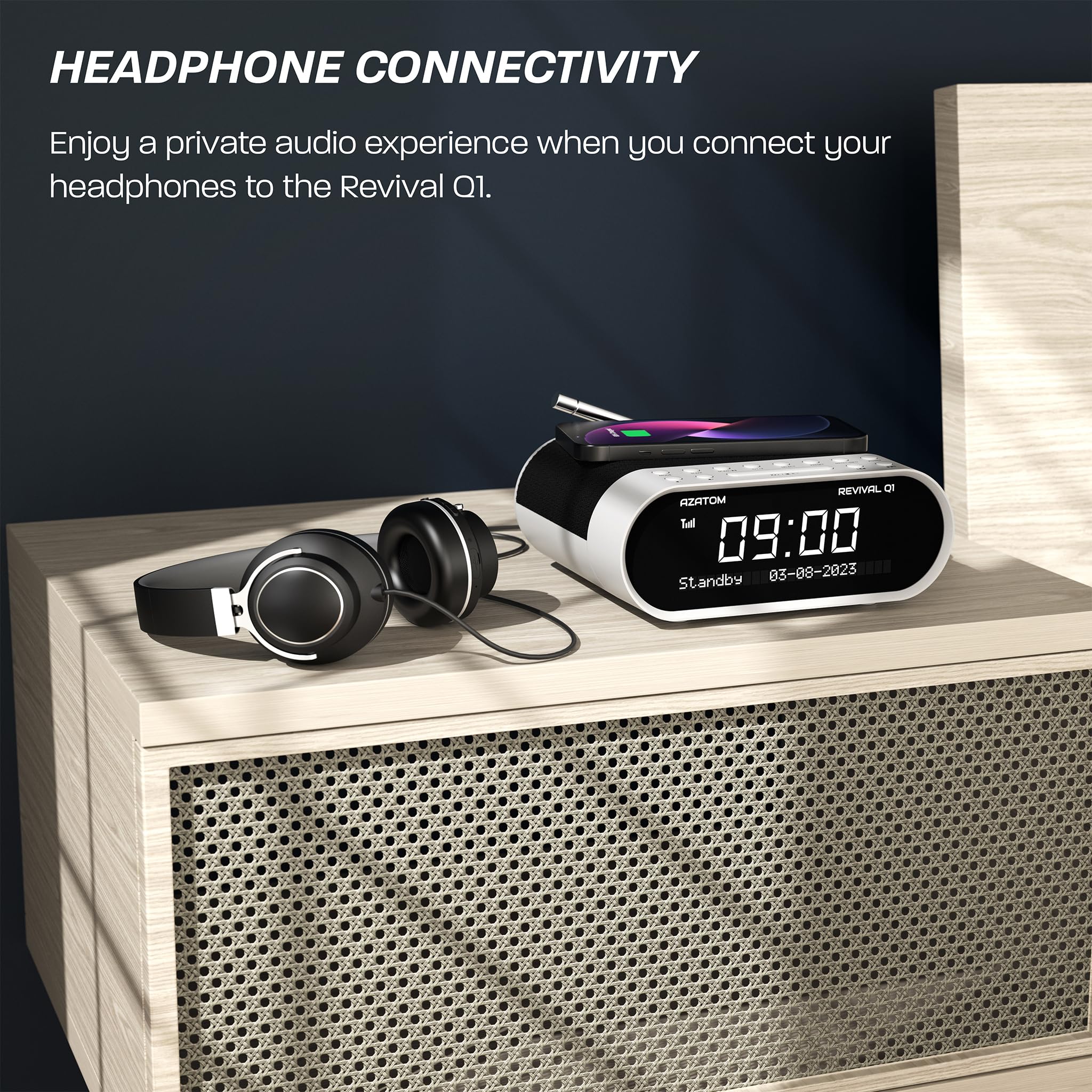 AZATOM Revival Q1 White DAB+ Digital FM Clock Radio with Bluetooth, Dual Alarm, Wireless Charging, Sleep Timer - Bedroom Alarm Clock with USB/AUX Ports for Phones & Headphones | Perfect for Home, Office, Nightstand Use