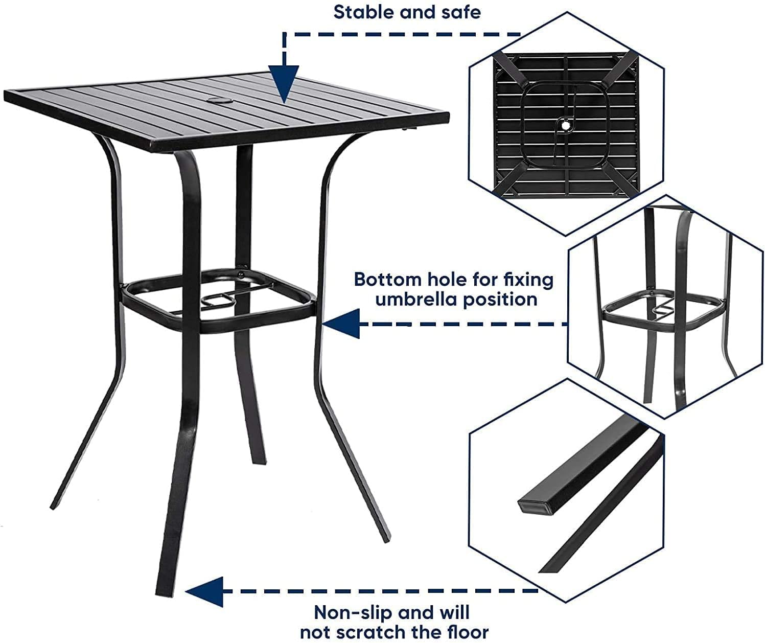 Black Metal Frame Outdoor Bar Table with Umbrella Hole - Patio Bistro Height Dining Table for Backyard, Deck & Poolside Gatherings