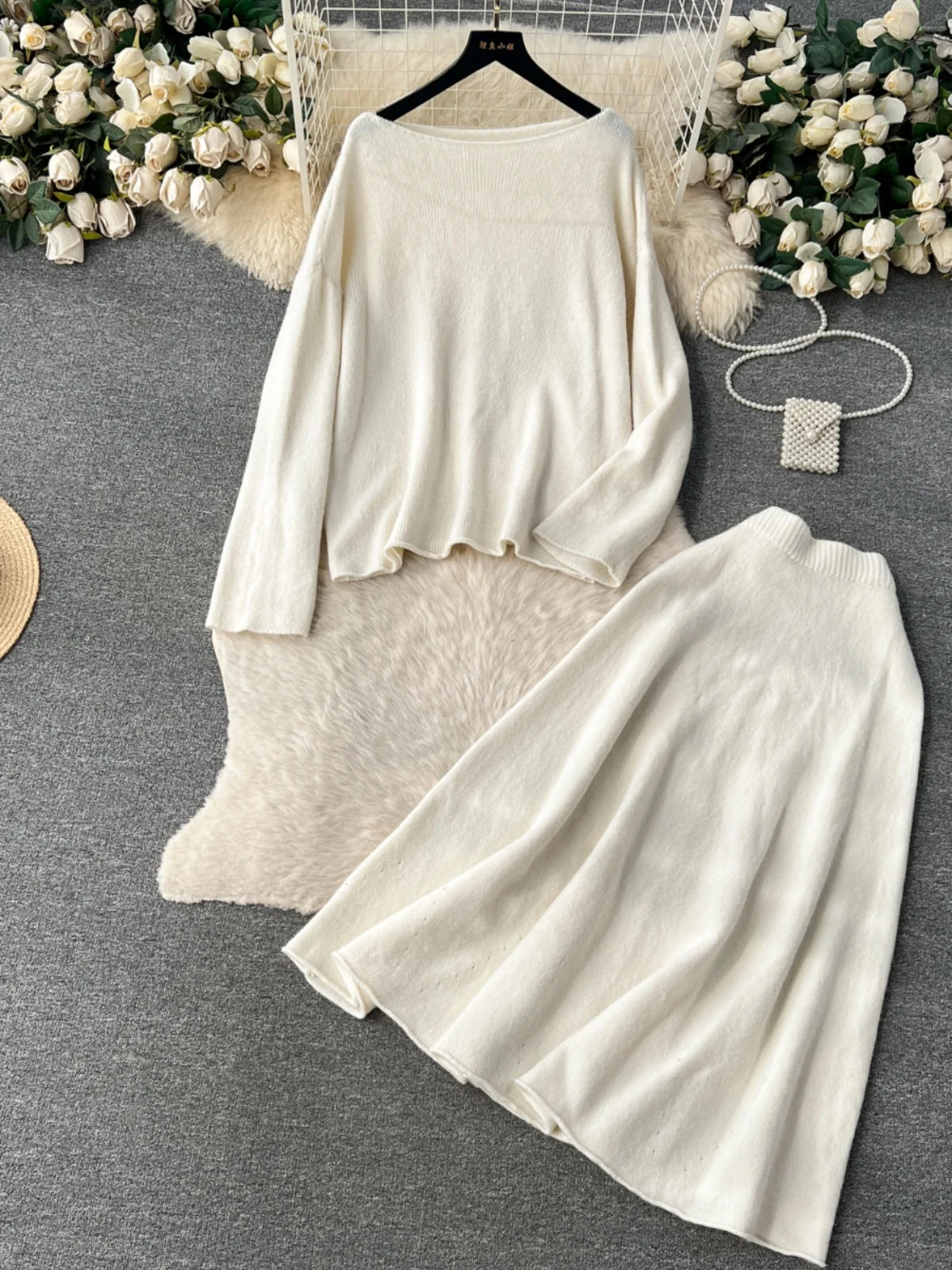 Women's Autumn Winter Knit Two Piece Set - Long Sleeve Pullover Top & High Waist Midi Skirt in White & Purple | Office Wear, Casual Outfits, Holiday Party Outfits