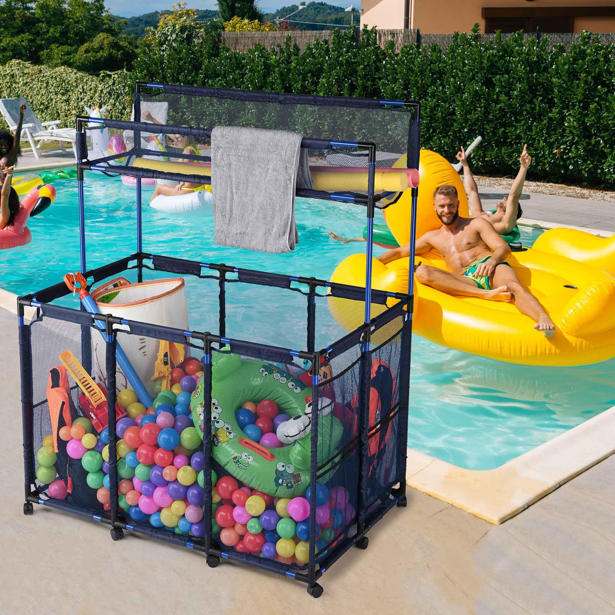Yescom XX-Large 10-Wheel Rolling Pool Storage Bin - Double Decker Mesh Organizer with Noodle Holder | Heavy-Duty Metal Frame & Upgraded Connectors | 49