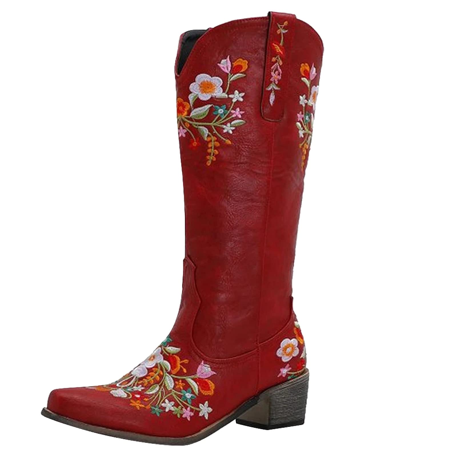 Viyabling Women's Cowboy Boots - Western Knee High Cowgirl Boots with Embroidered Design & Chunky Block Heel | Slip On Fashion Booties for Country Style, Rodeo & Everyday Wear
