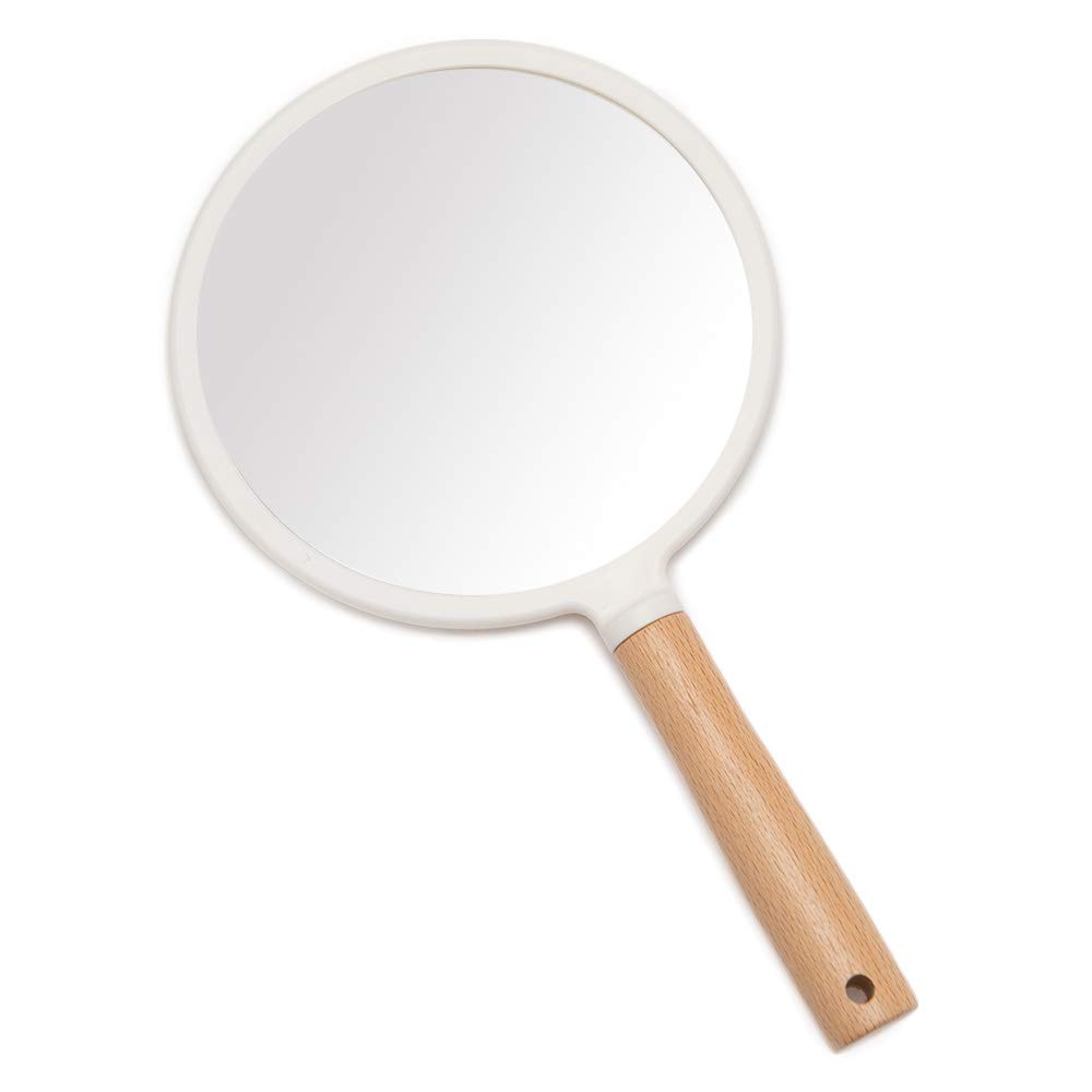 YEAKE Handheld Vanity Mirror with Wooden Handle - Small Round Portable Makeup Mirror for Men & Women, Perfect for Travel, Shaving, and Grooming (Hanging Hole Included)