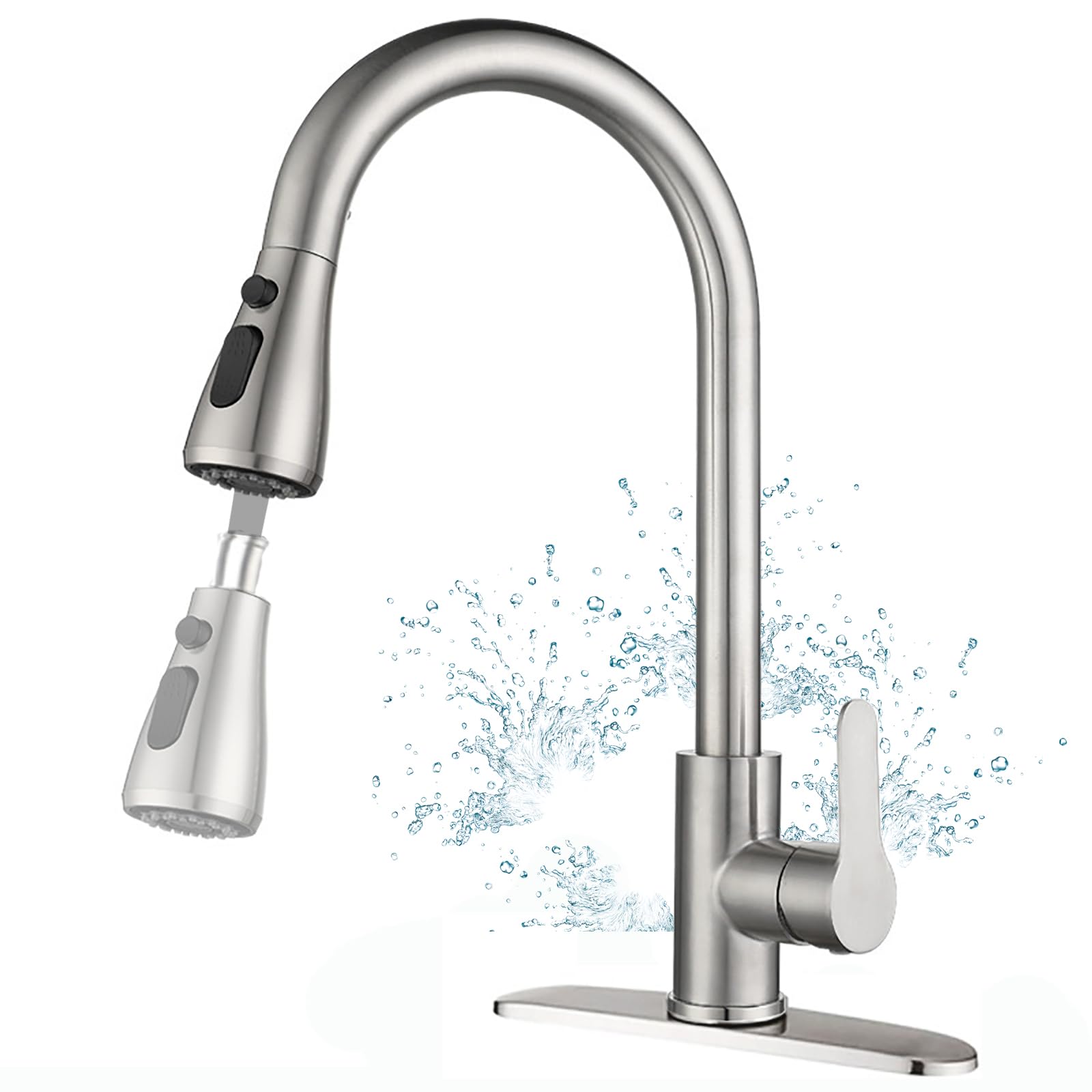 LKUWEE 360° Swivel Pullout Kitchen Faucet, Stainless Steel Brushed Nickel, Hot and Cold Water Tap with 2 Hoses, Ideal for Modern Home Kitchens