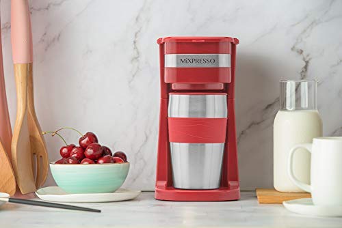Mixpresso Personal Single-Serve Coffee Maker with 14oz Travel Mug | Compact Drip Coffee Machine & Insulated Tumbler | Auto Shut-Off & Reusable Filter | Ground Coffee Compatible | Perfect for Home, Office & Travel | Red