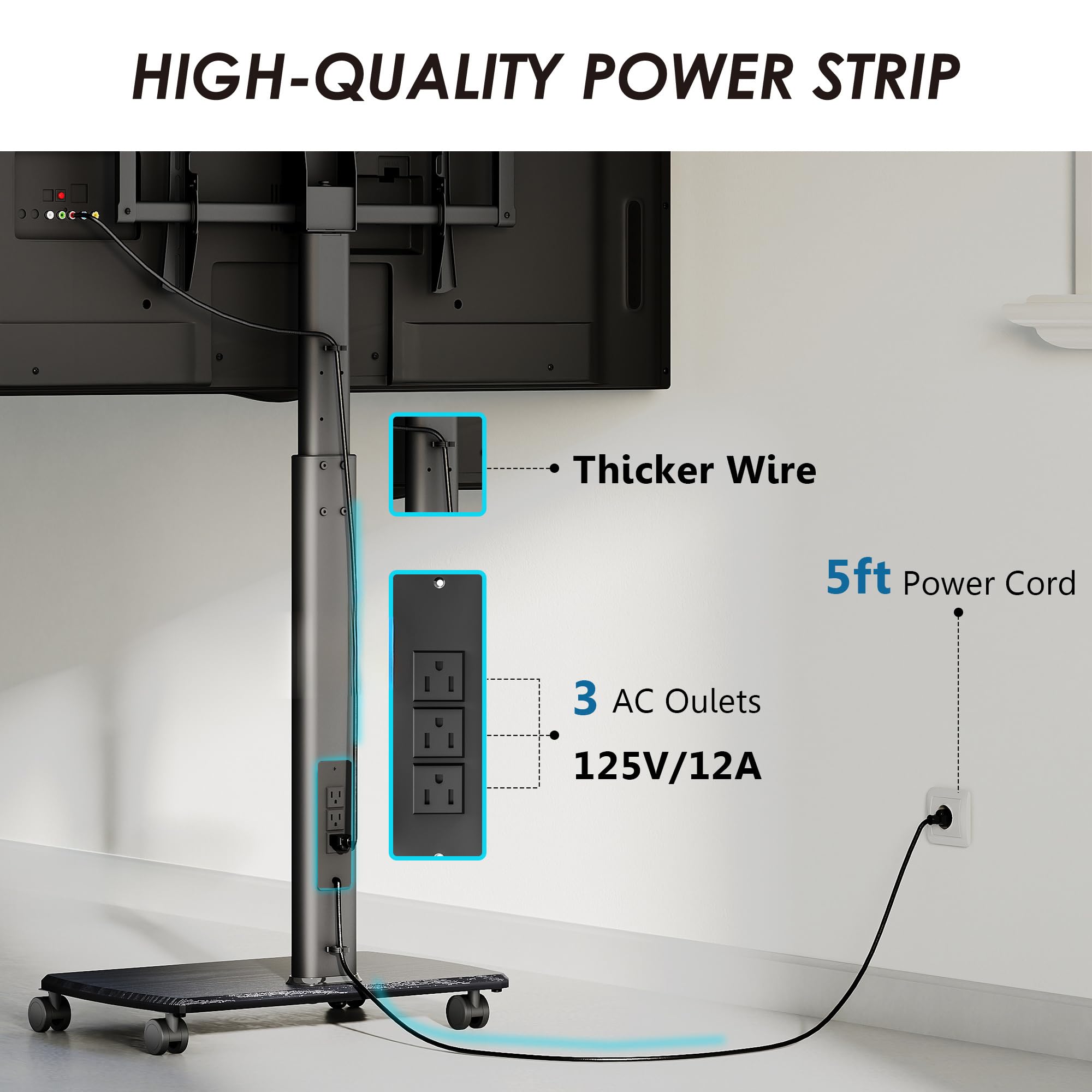FITUEYES Rolling TV Stand with Power Outlets - Swivel Mobile TV Cart for 32-70 Inch Flat/Curved Screens (LCD/LED/OLED) - Height Adjustable with Wood Base - Supports up to 99Lbs - Black - Perfect for Living Rooms, Bedrooms & Home Theaters
