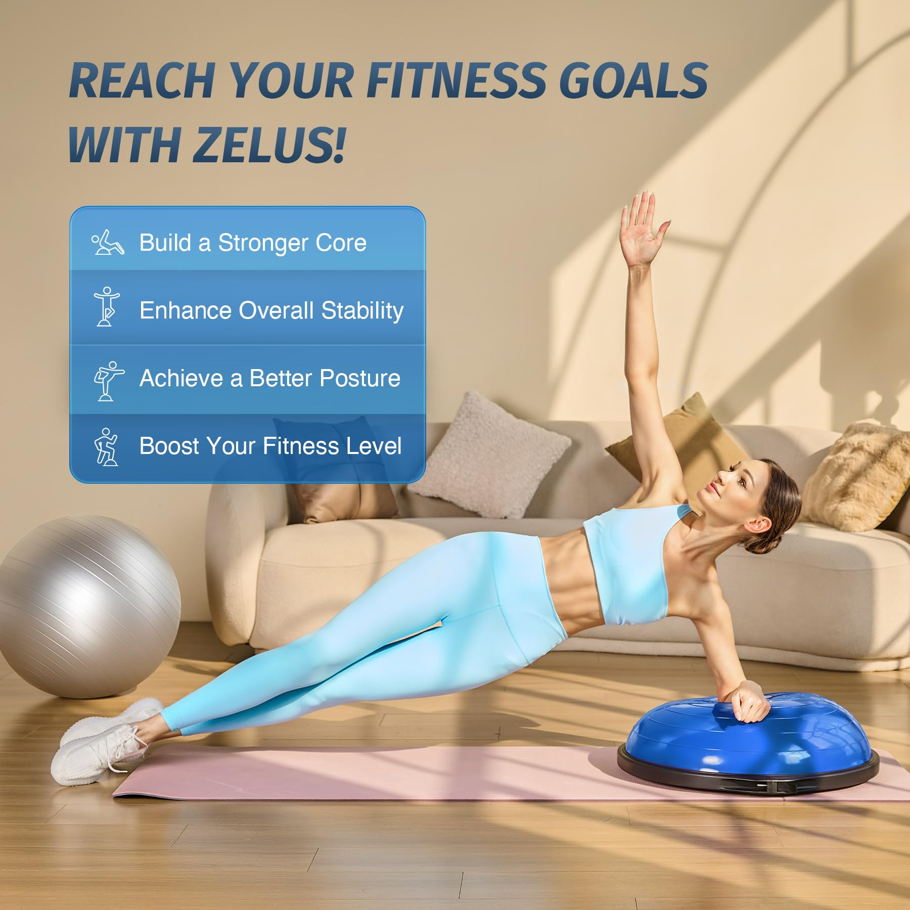 ZELUS 25 Inch Balance Ball - 660lb Capacity Inflatable Half Exercise Ball with Non-Slip Base | Wobble Board Balance Trainer for Core Strength & Stability | Includes 2 Resistance Bands, Pump & Extra Ball | Perfect for Yoga, Pilates, Home Gym & Physical Therapy Workouts