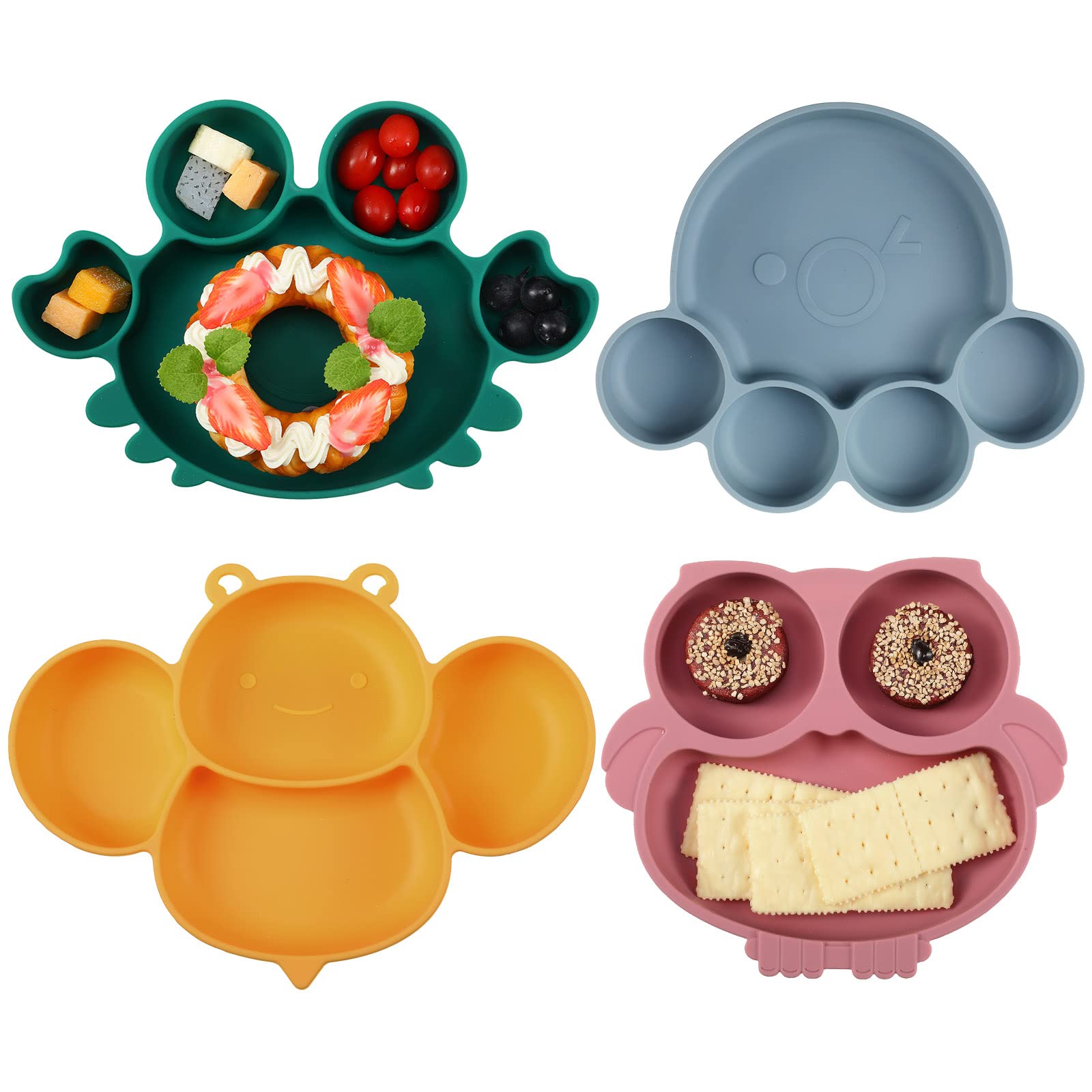 **Maxdot 4-Piece Silicone Baby Plates with Suction Base – Divided Toddler Dishes for Kids, Cute Animal Design – Microwave & Dishwasher Safe – Perfect for Baby Feeding, Snacks & Mealtime (Multi-Color)**    *(Use Cases: Ideal for home, daycare, travel, and on-the-go meals – keeps food separated and mess-free!)*