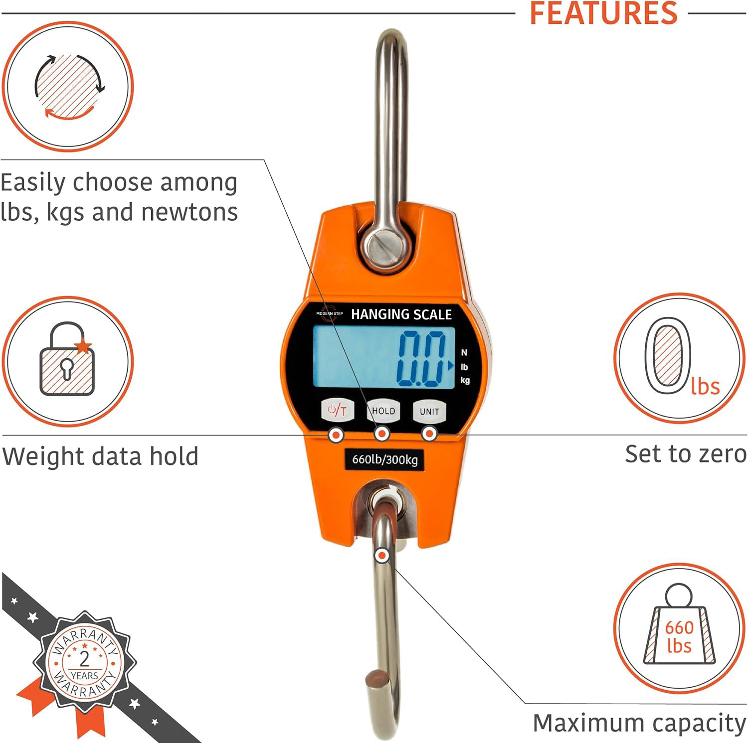 Digital Hanging Scale 660 LB 300 KG - Heavy Duty Waterproof Crane Scale for Luggage, Suitcase, Hunting, Farm, Bike, Bow Fishing - Durable Portable Fish Weight Scale for Outdoor and Industrial Use