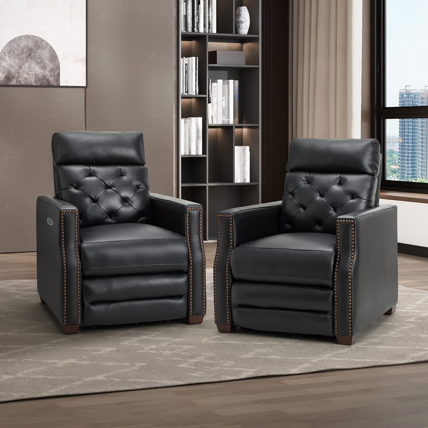 HULALA HOME Genuine Leather Power Recliner Set of 2 with USB Charging Ports - Modern Tufted Electric Recliner Sofa with Nailhead Trim - Comfortable Living Room & Bedroom Theater Seating (Black) - Perfect for Movie Nights & Relaxation