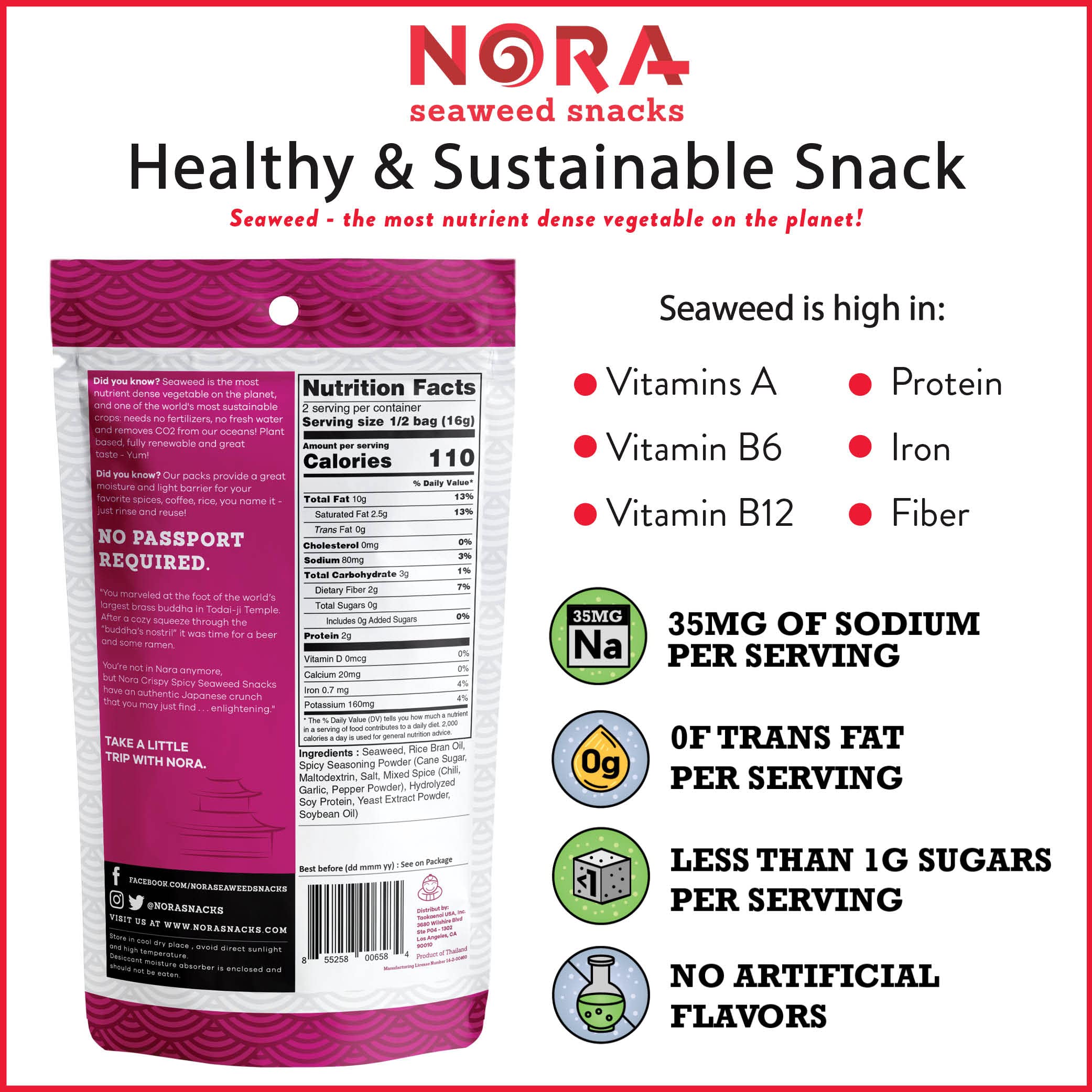 Nora Crispy Spicy Seaweed Snacks - Thick Nori Sheets & Snack Strips | Low-Carb, Vegan, Gluten-Free, Non-GMO Healthy Snacks for Adults | Perfect for Keto Diet, Office Snacking & Asian Food Lovers | 6-Pack