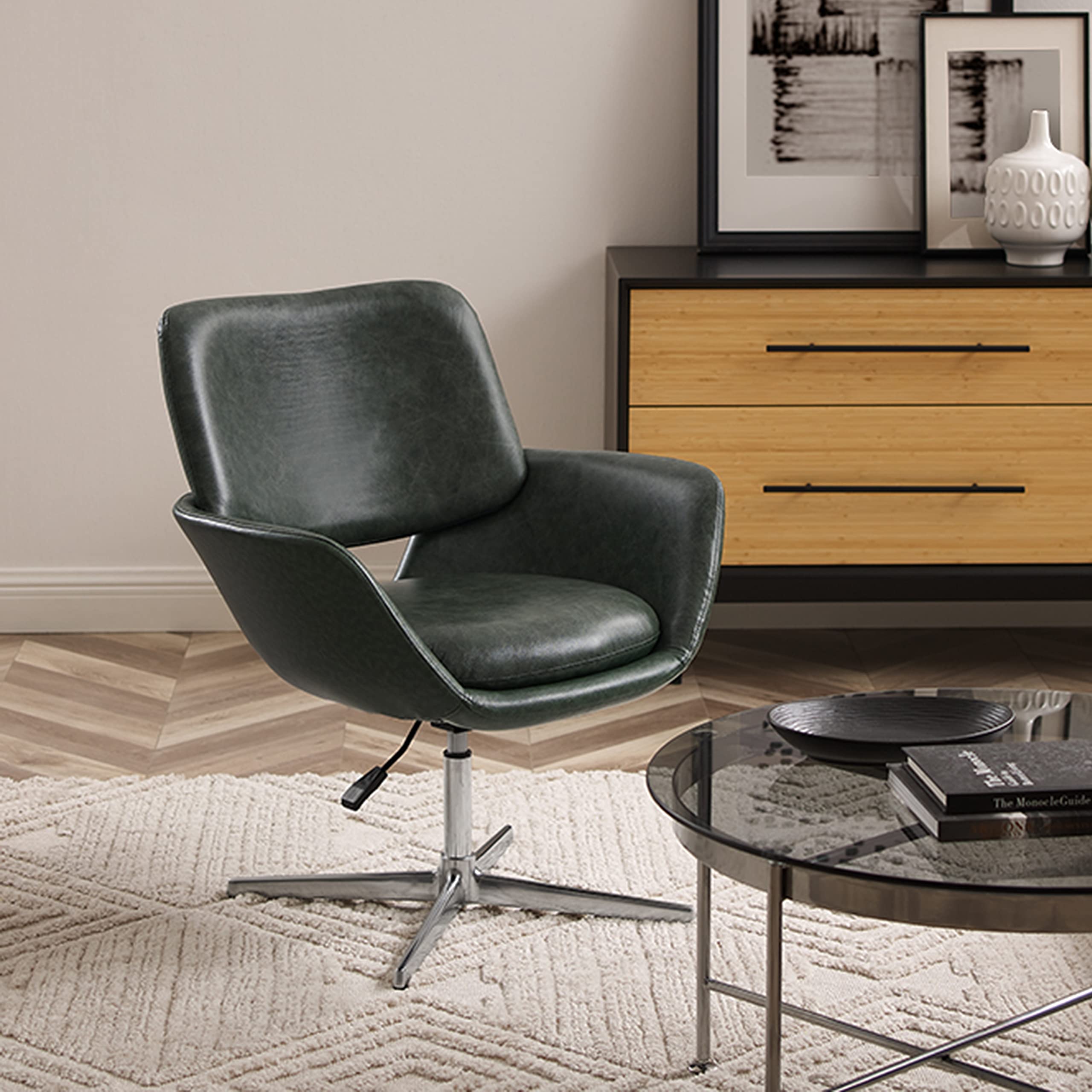 Art Leon Genuine Leather Midcentury Modern Accent Chair - Adjustable Height Swivel Armchair for Living Room & Bedroom - Dark Green - Perfect for Home Office, Reading Nook & Lounge Areas
