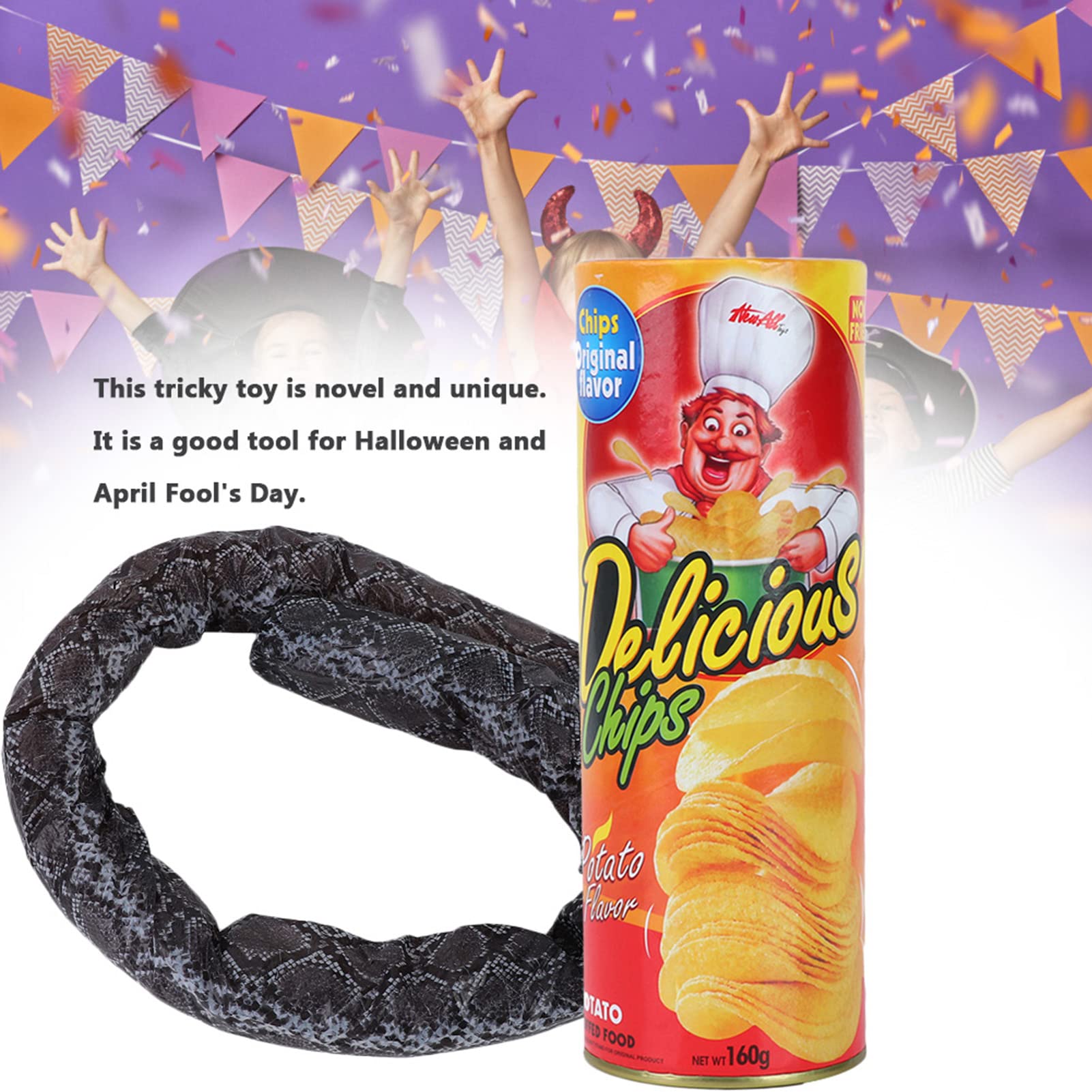 Funny Magic Potato Chip Snake Can - Jumping Spring Snake Toy for Pranks, Halloween & April Fools Day - Scary Fries Prank Gift for Parties, Decorations & Practical Jokes (Great for Office Pranks & Tricking Friends)