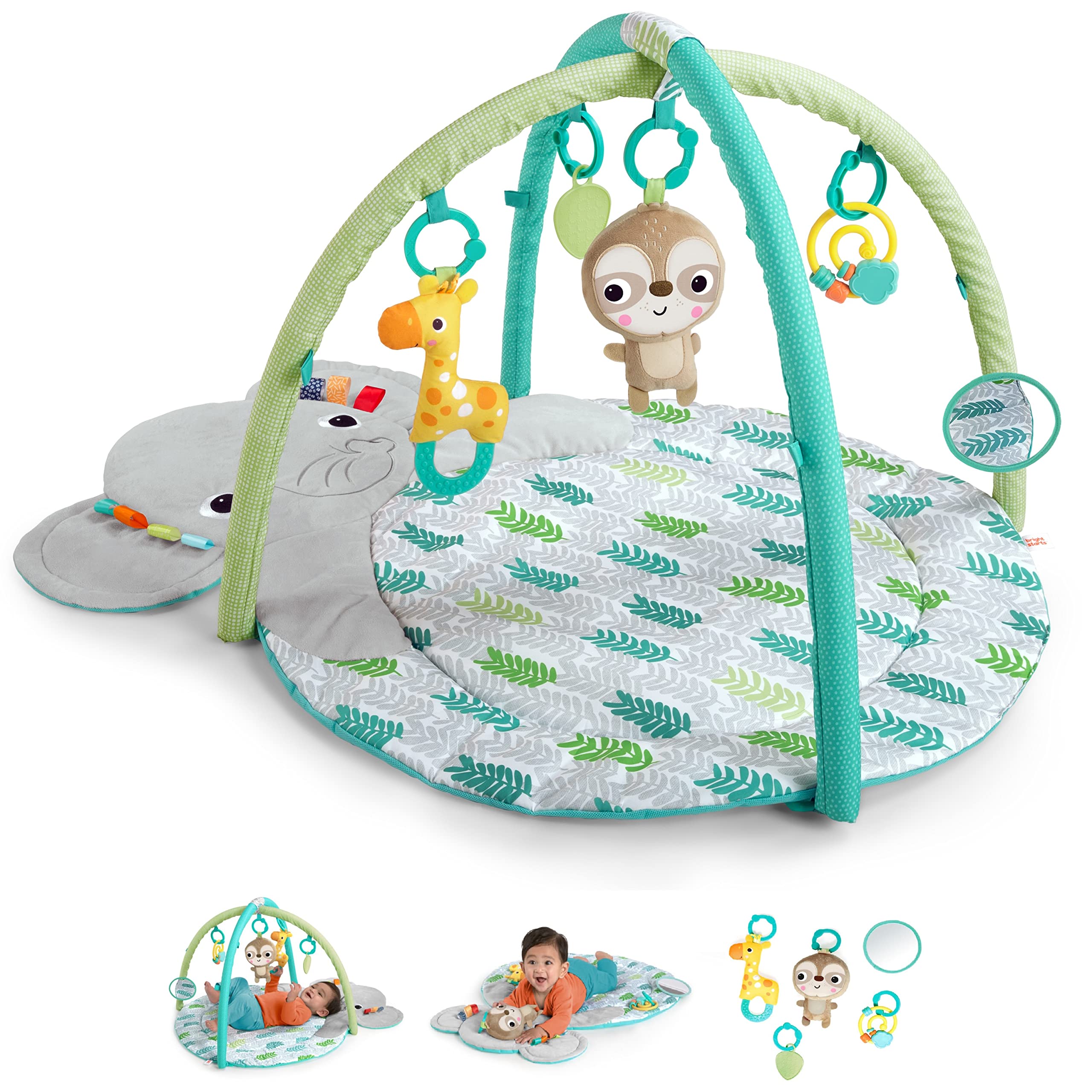 Bright Starts Hug 'n Cuddle Elephant Activity Baby Gym & Tummy Time Play Mat with 5 Take-Along Toys for Newborns 0-12 Months - Perfect for Infant Development, Sensory Play & Nursery Decor